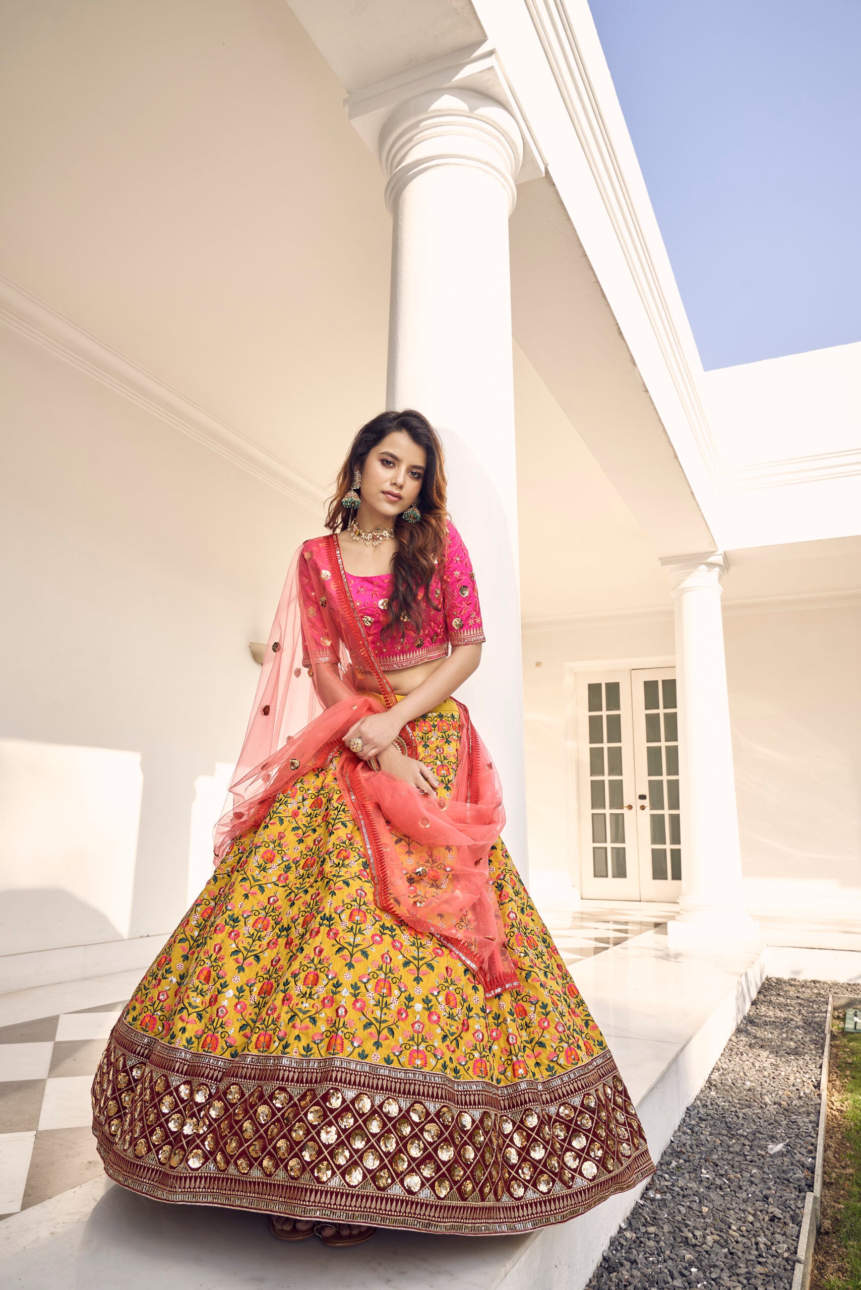 Mustard Yellow Floral Art Silk Lehenga Choli with Delicate Thread and Sequin Embroidery