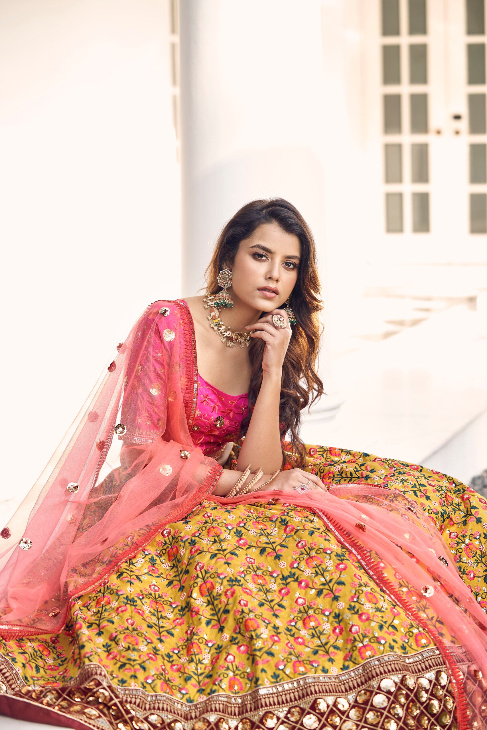 Mustard Yellow Floral Art Silk Lehenga Choli with Delicate Thread and Sequin Embroidery