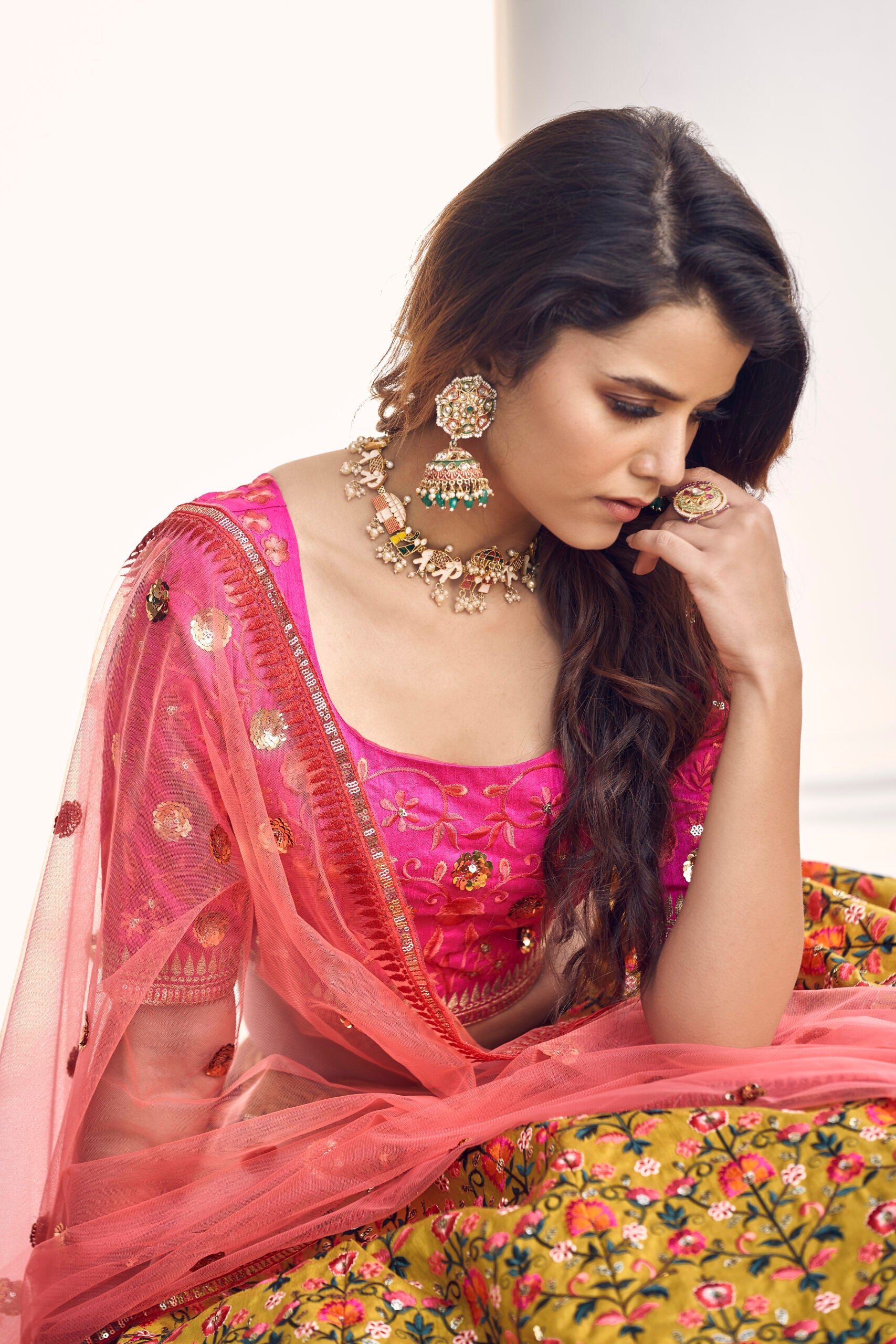 Mustard Yellow Floral Art Silk Lehenga Choli with Delicate Thread and Sequin Embroidery