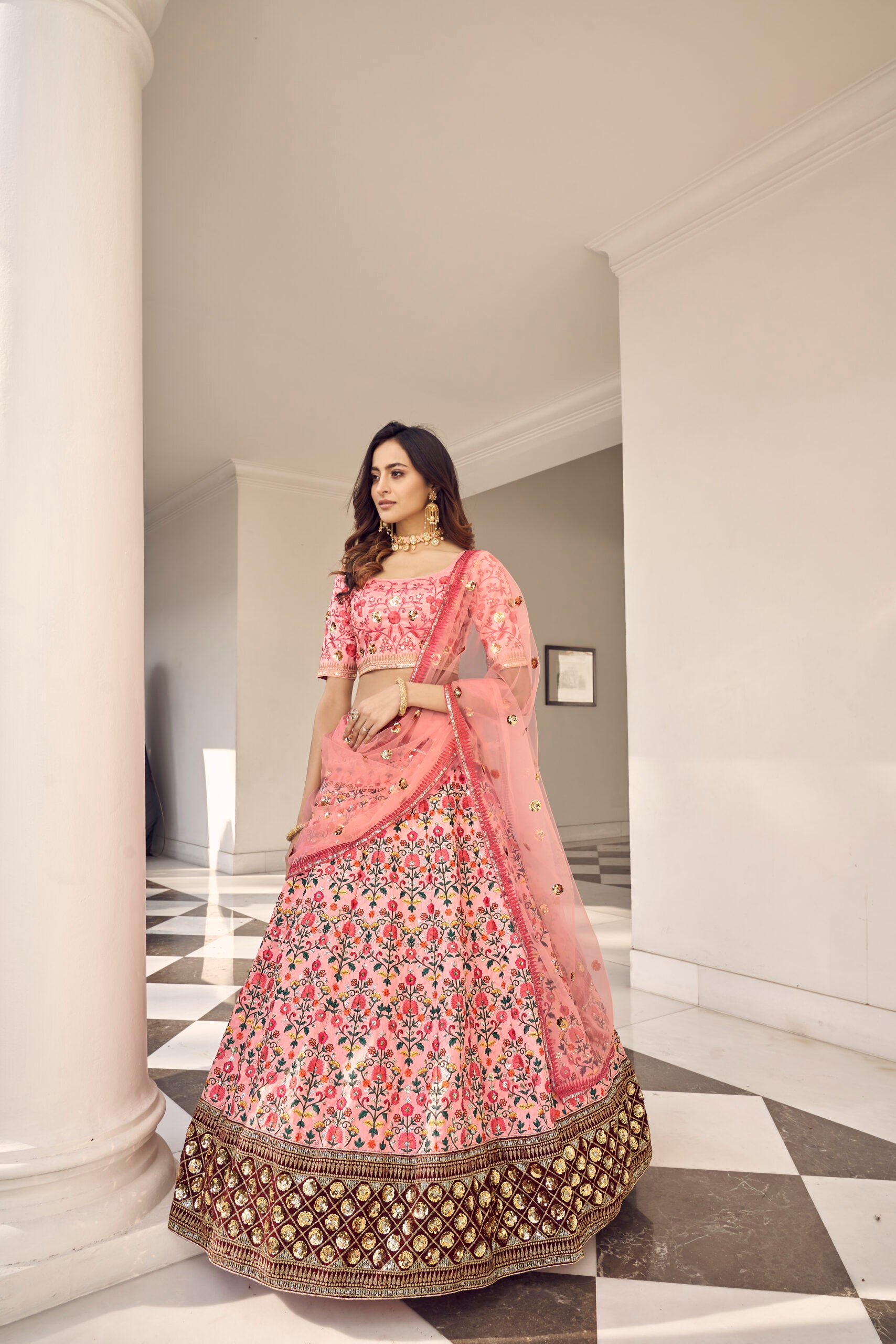 Floral Elegance Pink Art Silk Lehenga Choli with Graceful Sequin Embroidery