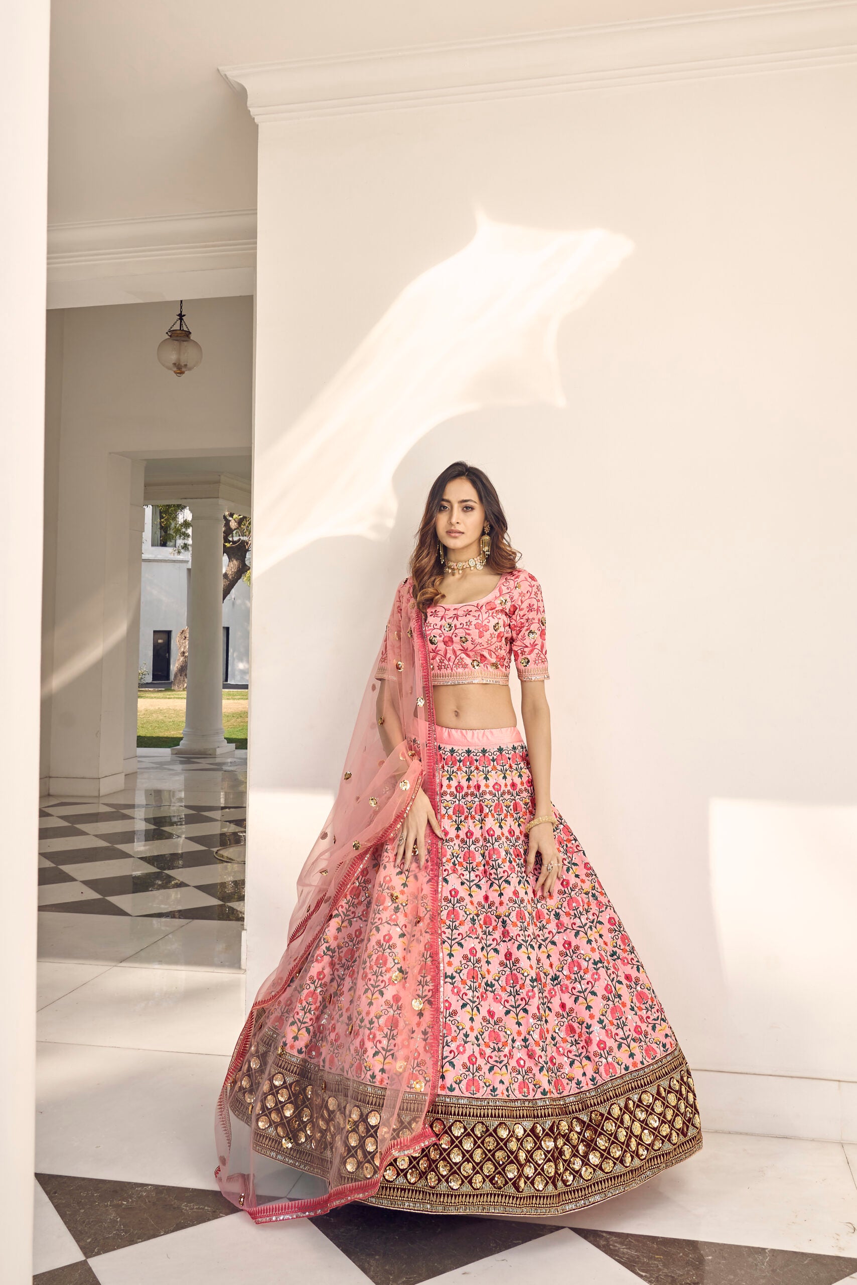 Floral Elegance Pink Art Silk Lehenga Choli with Graceful Sequin Embroidery