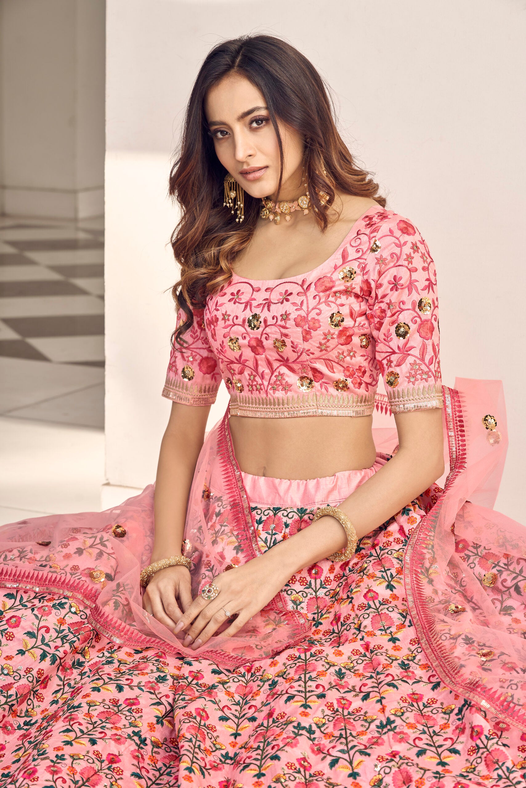 Floral Elegance Pink Art Silk Lehenga Choli with Graceful Sequin Embroidery