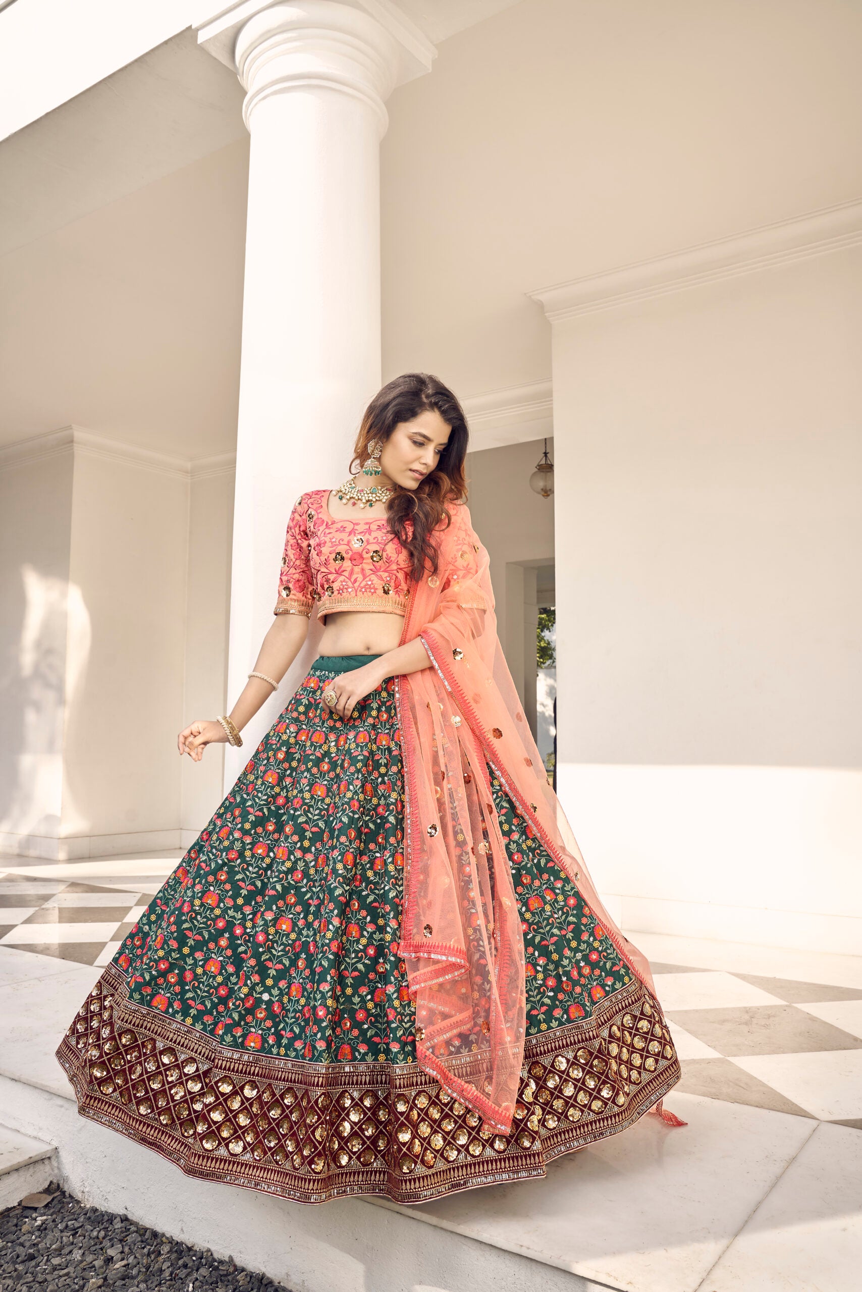 Green and Orange Floral Art Silk Lehenga Choli with Artistic Embroidery and Sequin Accents