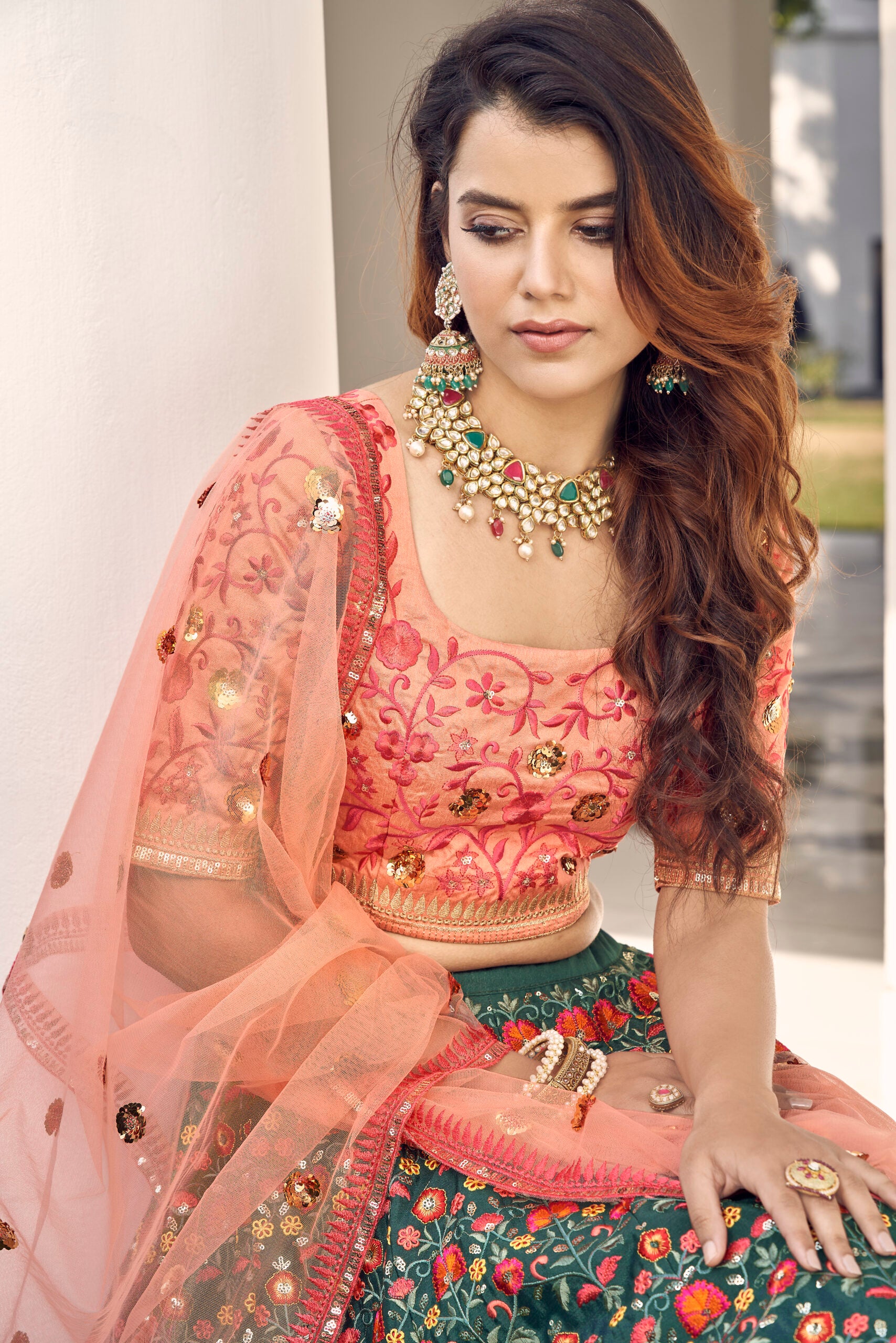 Green and Orange Floral Art Silk Lehenga Choli with Artistic Embroidery and Sequin Accents