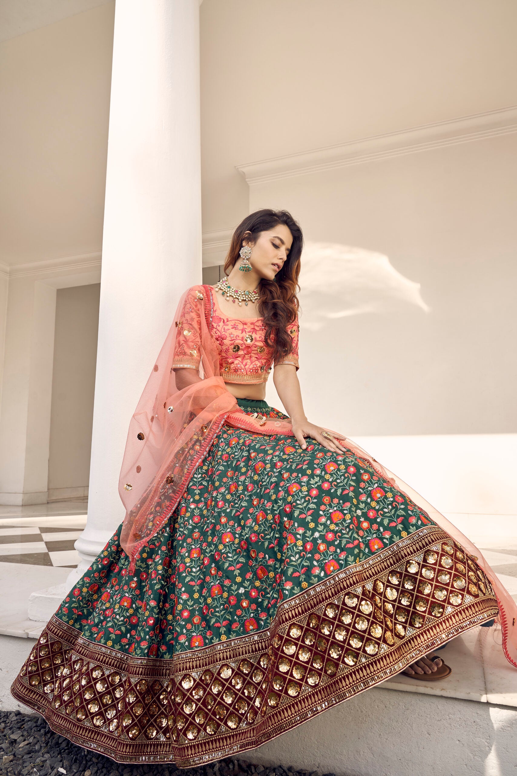 Green and Orange Floral Art Silk Lehenga Choli with Artistic Embroidery and Sequin Accents