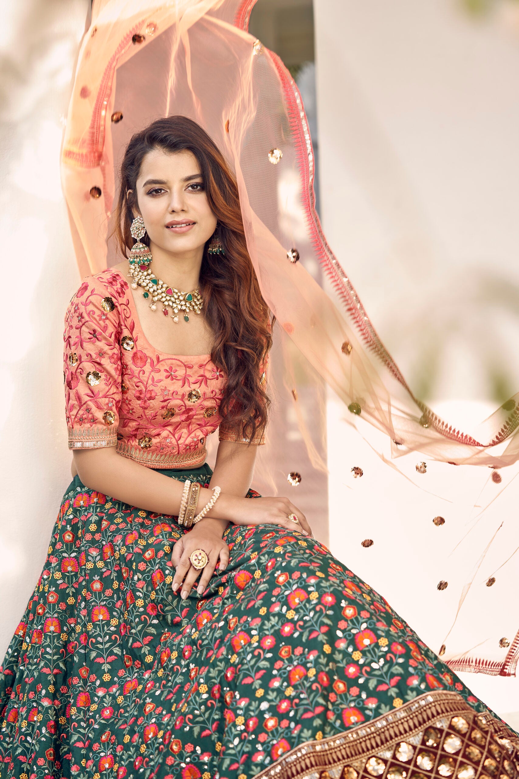 Green and Orange Floral Art Silk Lehenga Choli with Artistic Embroidery and Sequin Accents