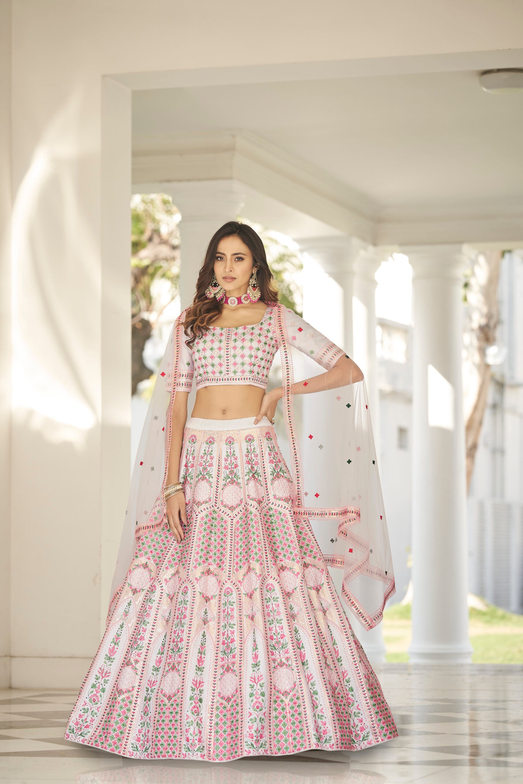Elegant White Silk Lehenga Choli with Exquisite Thread Embroidery, Sequins, and Stone Pasting