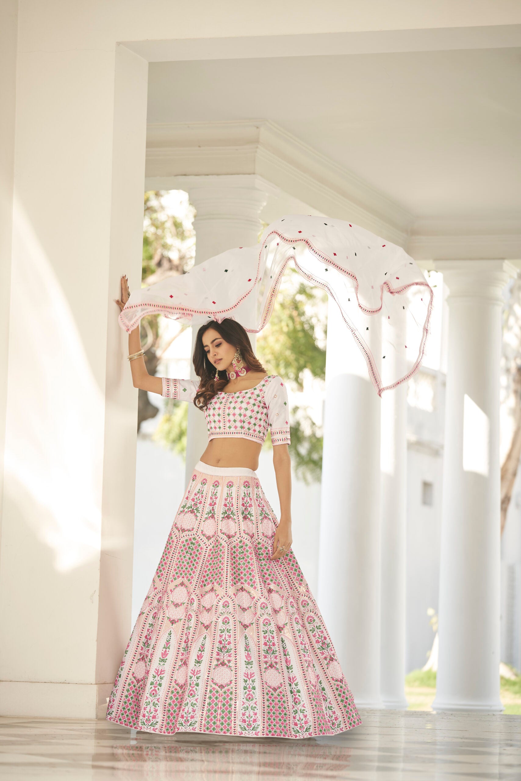 Elegant White Silk Lehenga Choli with Exquisite Thread Embroidery, Sequins, and Stone Pasting