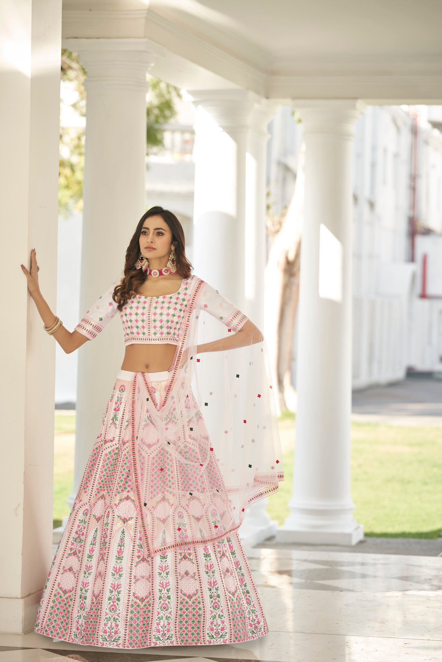 Elegant White Silk Lehenga Choli with Exquisite Thread Embroidery, Sequins, and Stone Pasting