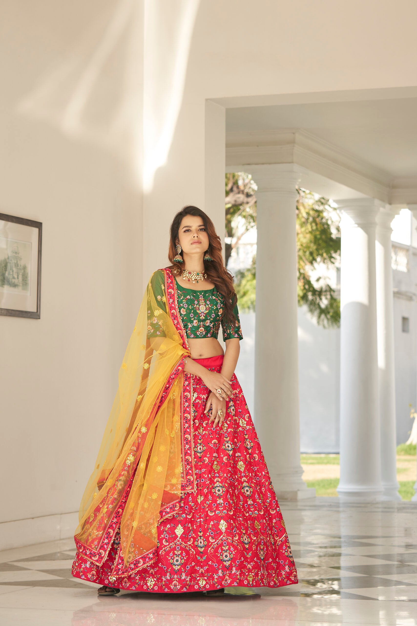 Red Silk Lehenga Choli with Embellished Sequin Embroidery and Artistic Threadwork