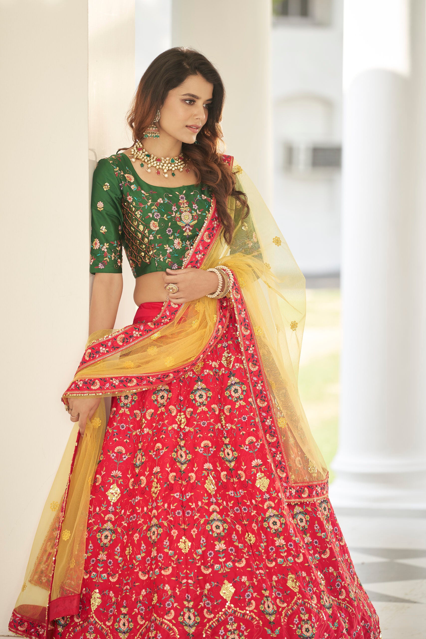 Red Silk Lehenga Choli with Embellished Sequin Embroidery and Artistic Threadwork