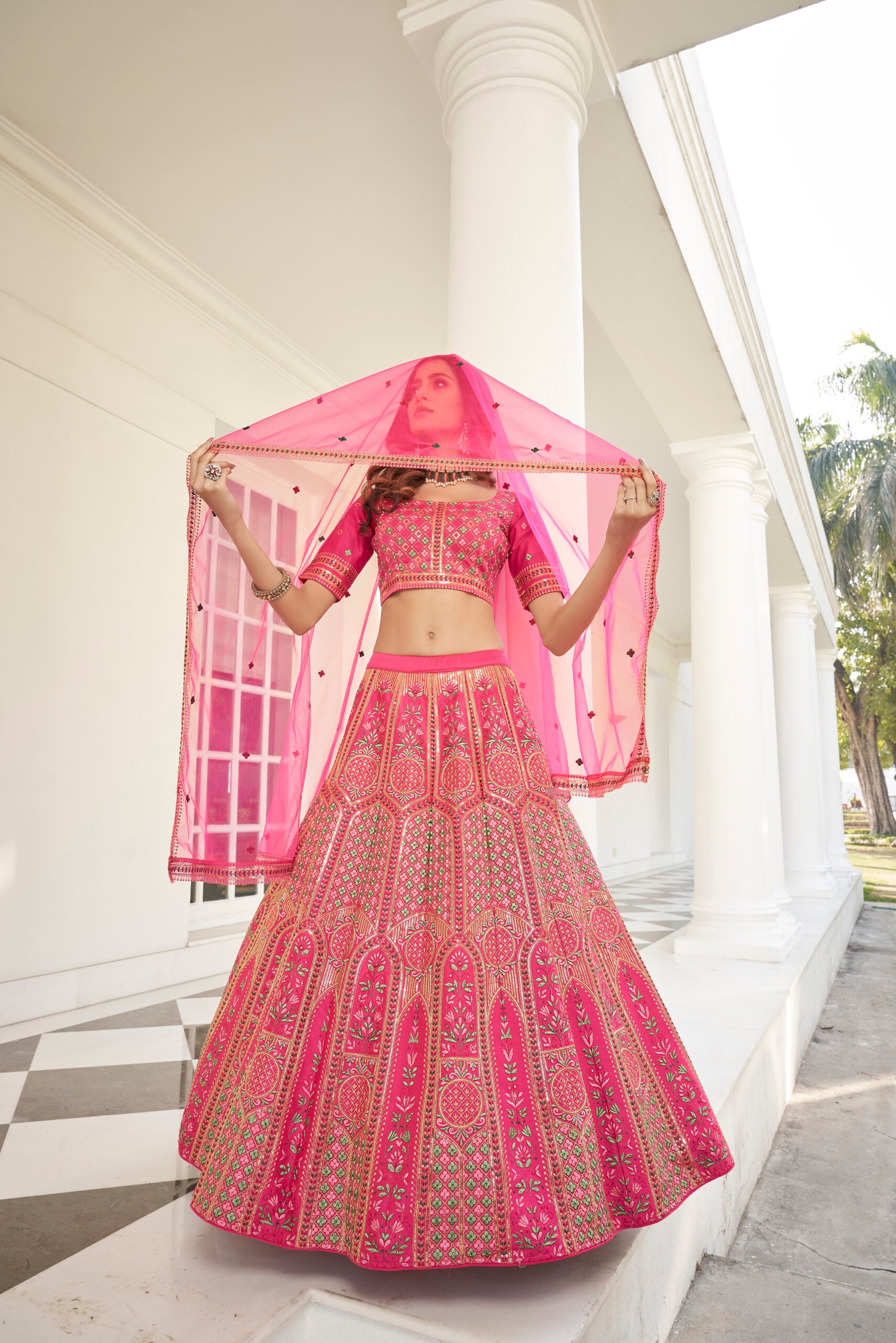 Deep Pink Silk Lehenga Choli with Opulent Sequin Embroidery and Stone Accents