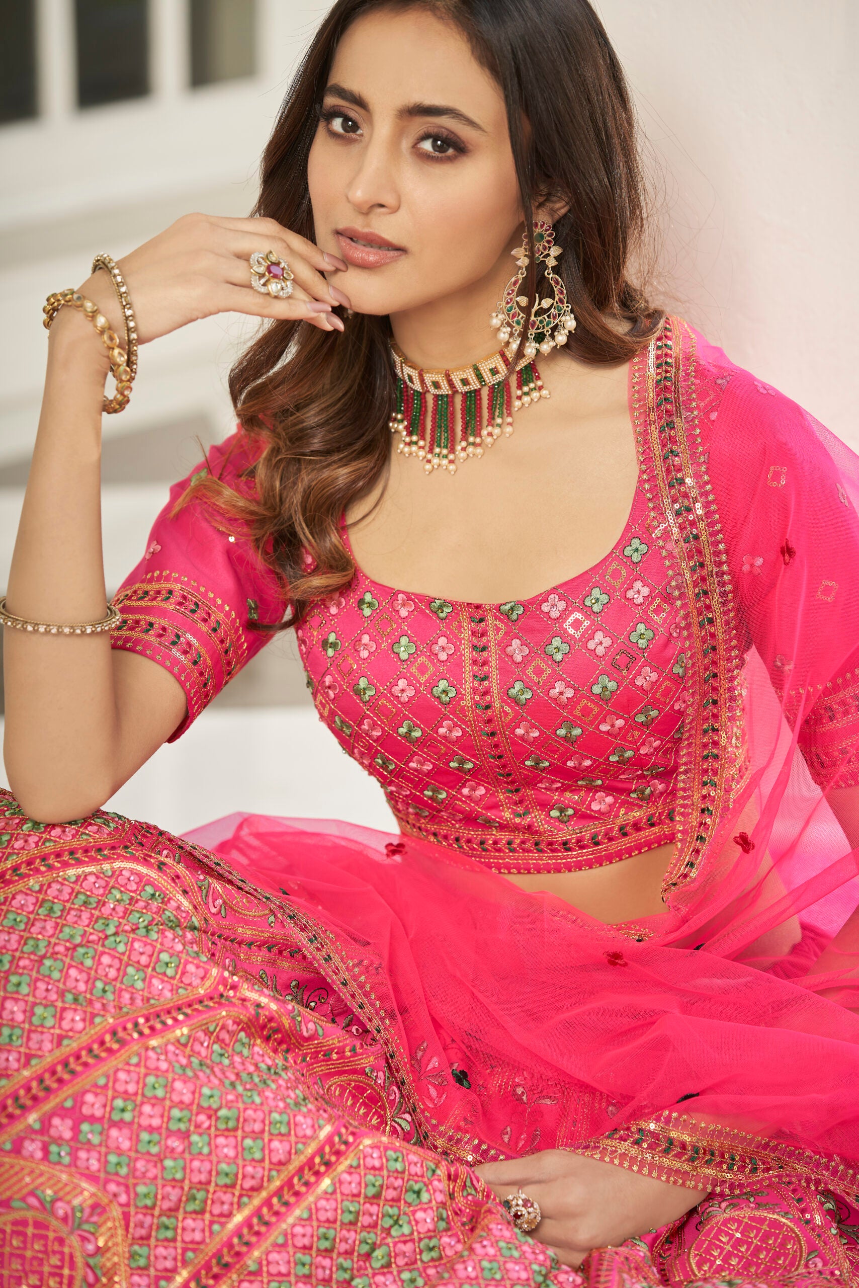Deep Pink Silk Lehenga Choli with Opulent Sequin Embroidery and Stone Accents