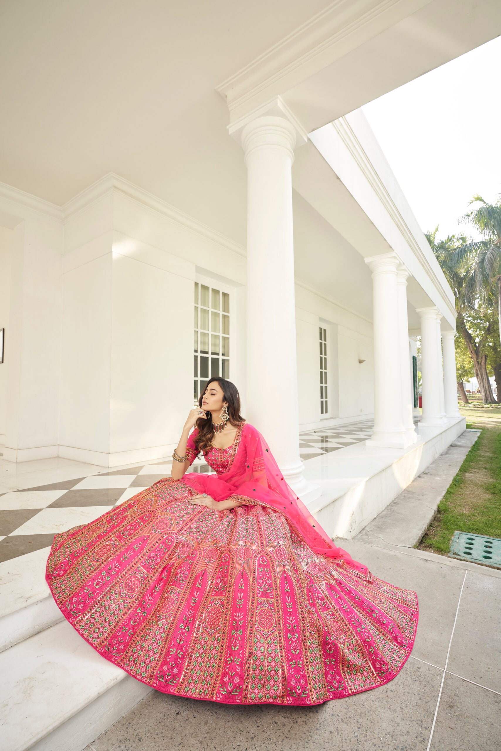 Deep Pink Silk Lehenga Choli with Opulent Sequin Embroidery and Stone Accents
