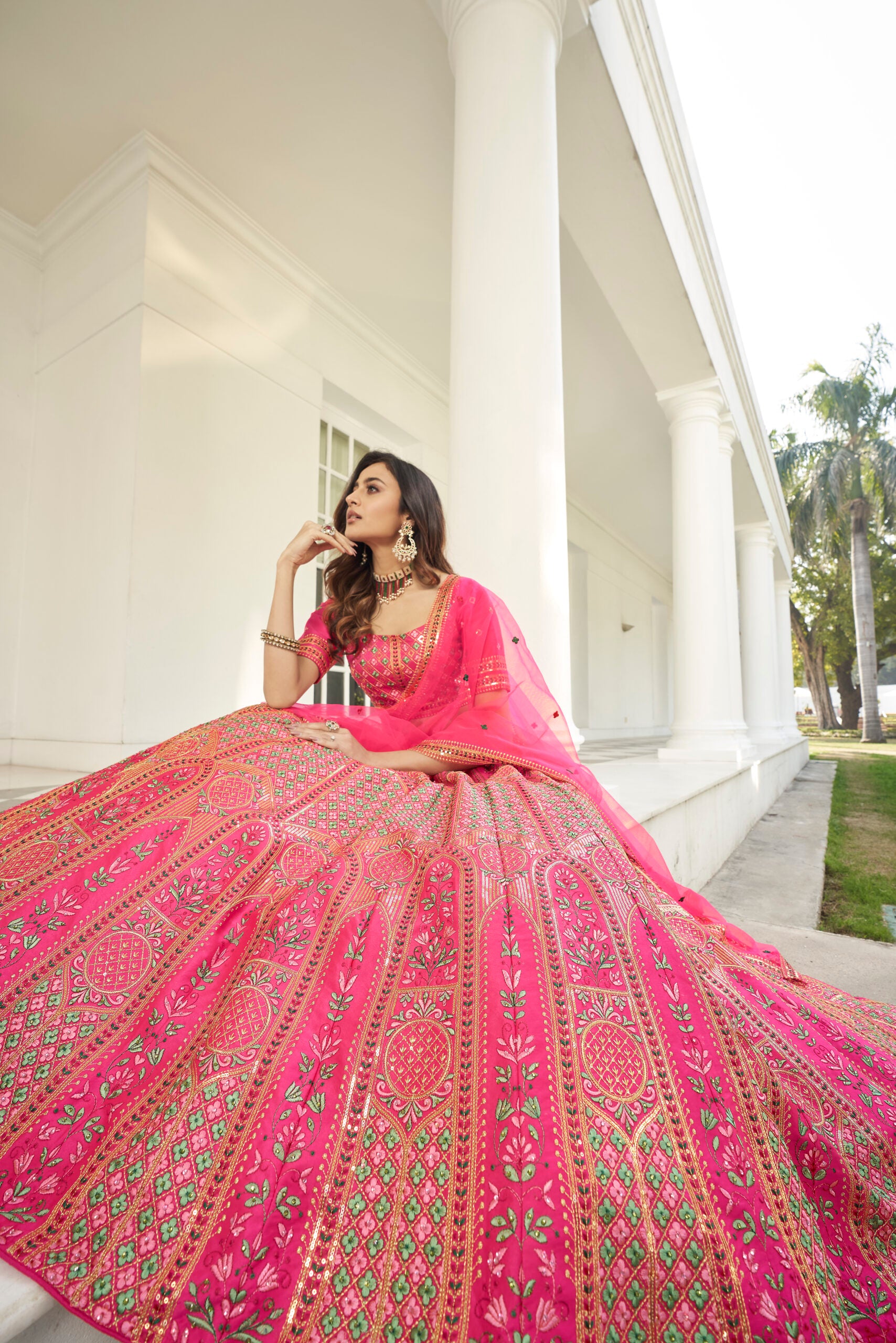 Deep Pink Silk Lehenga Choli with Opulent Sequin Embroidery and Stone Accents