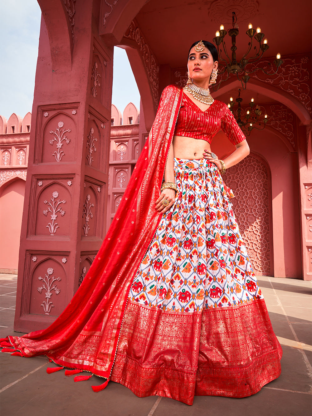 Shringar Shobha Adorned in Red Pure Dola Silk Foil Print Lehenga Choli
