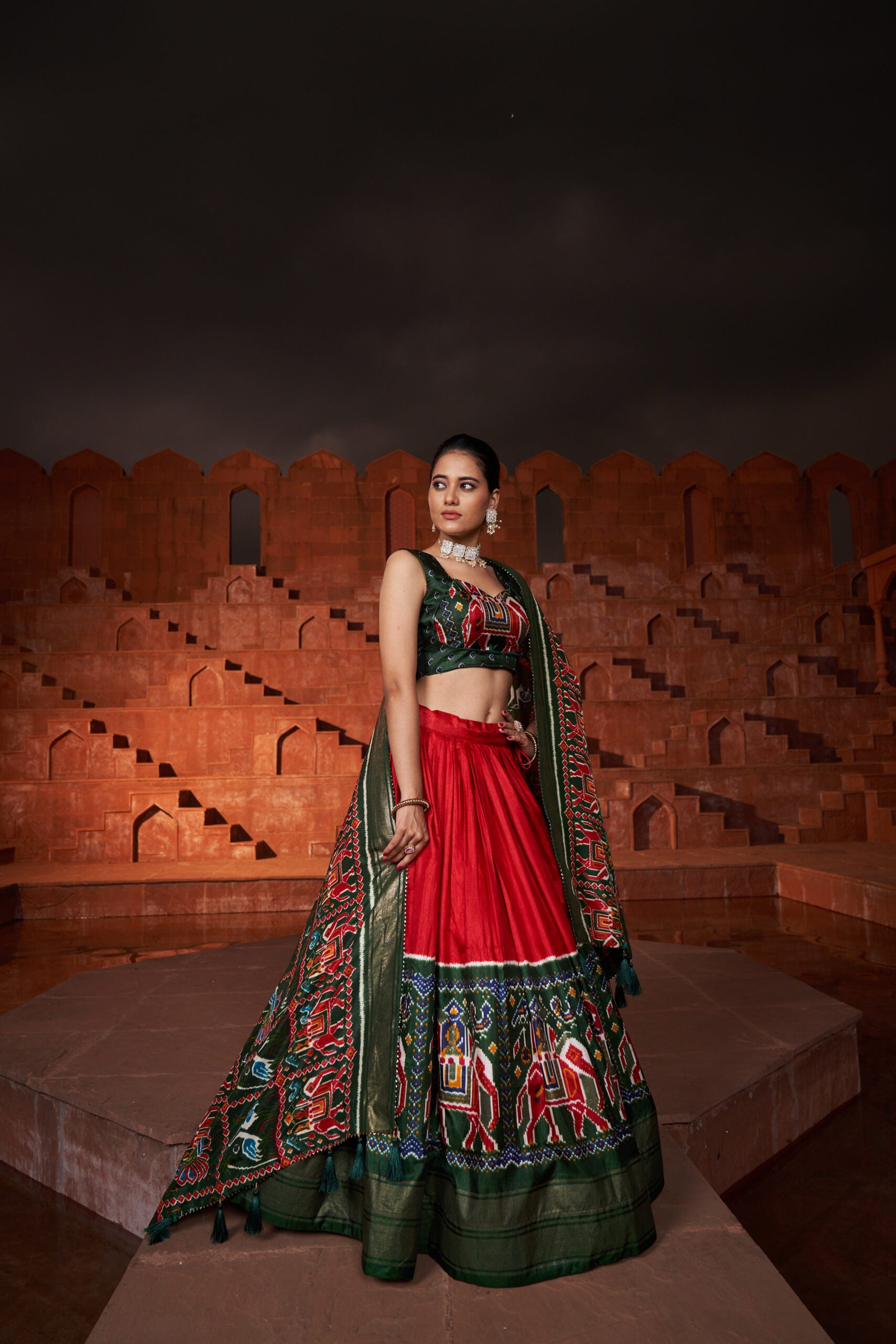 Shringar Shobha Stunning Red Patola Print Ensemble in Dola Silk