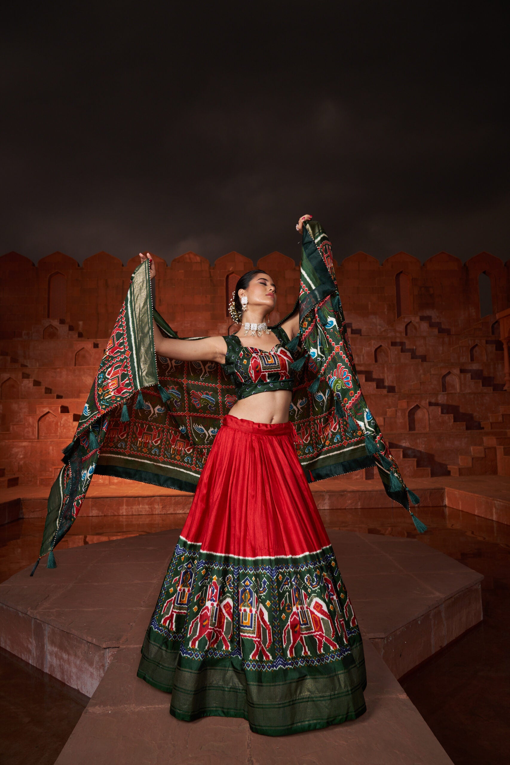 Shringar Shobha Stunning Red Patola Print Ensemble in Dola Silk