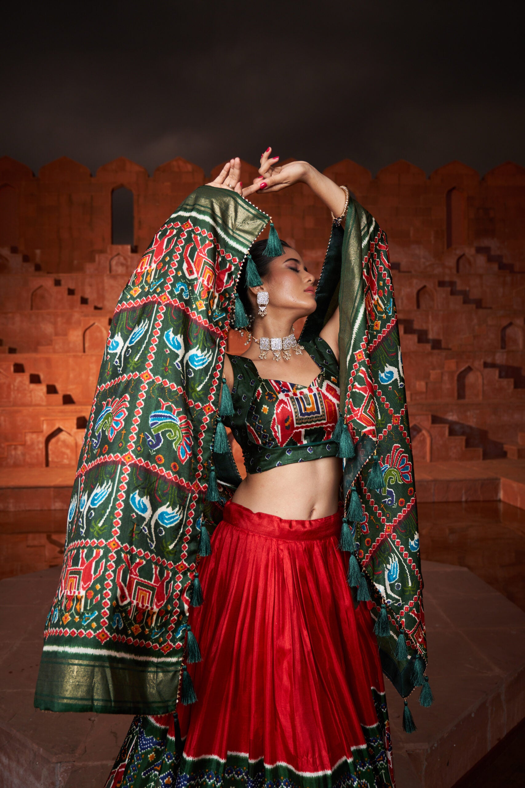 Shringar Shobha Stunning Red Patola Print Ensemble in Dola Silk