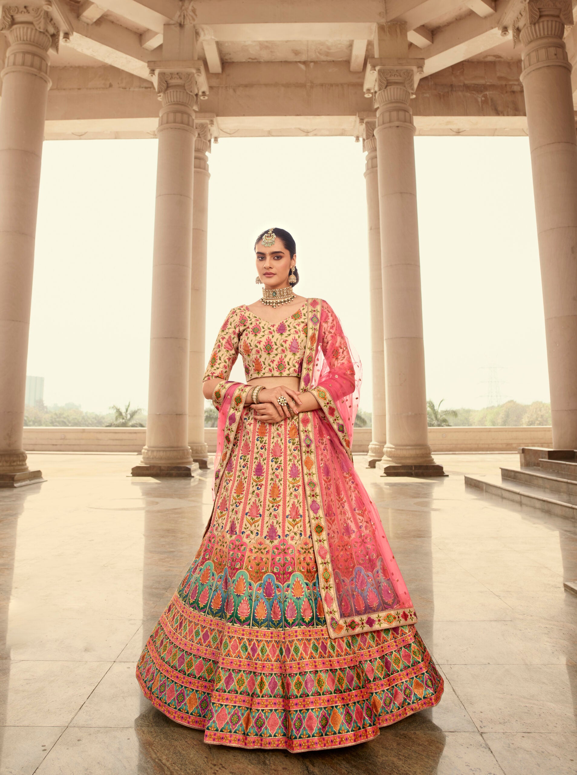 Graceful Beige Art Silk Lehenga Choli with Stunning Embroidery, Print, and Swarovski Accents