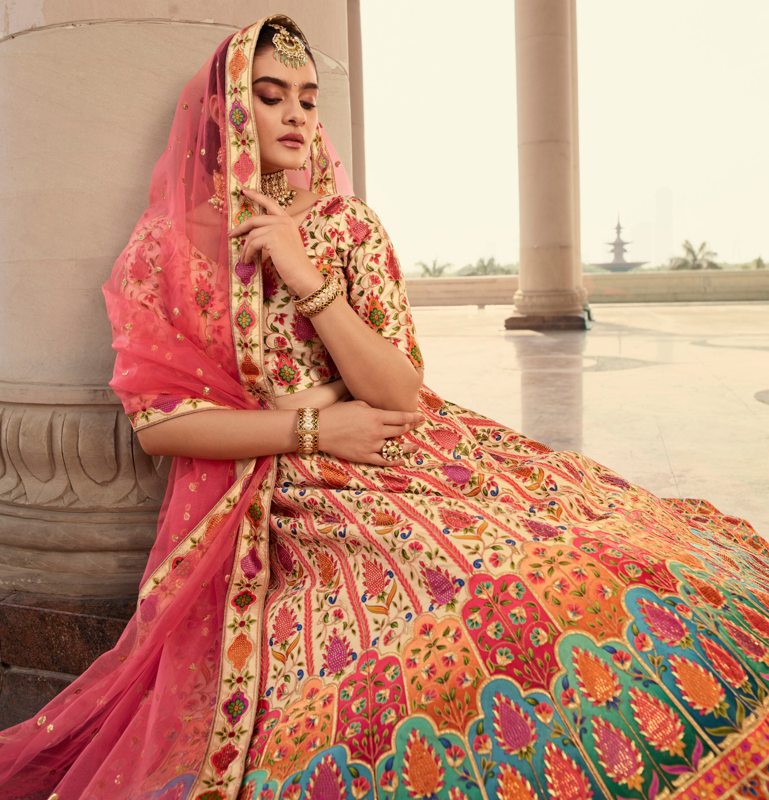 Graceful Beige Art Silk Lehenga Choli with Stunning Embroidery, Print, and Swarovski Accents