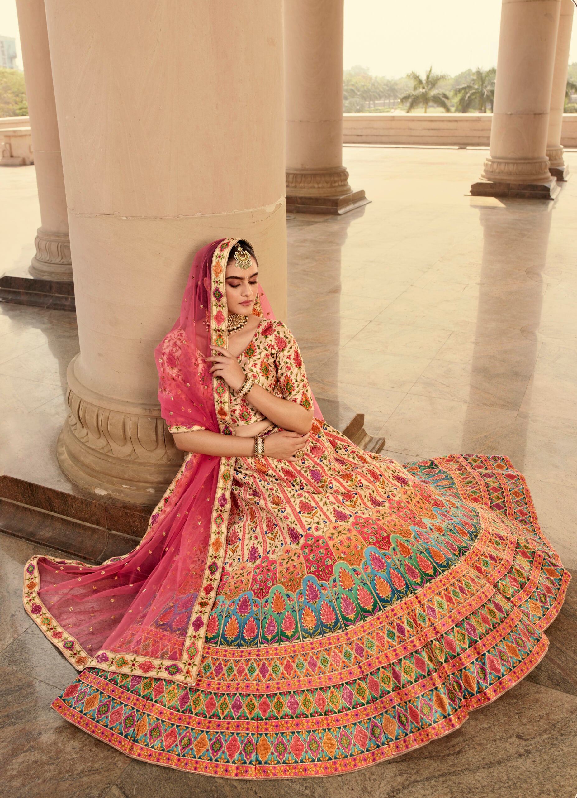 Graceful Beige Art Silk Lehenga Choli with Stunning Embroidery, Print, and Swarovski Accents