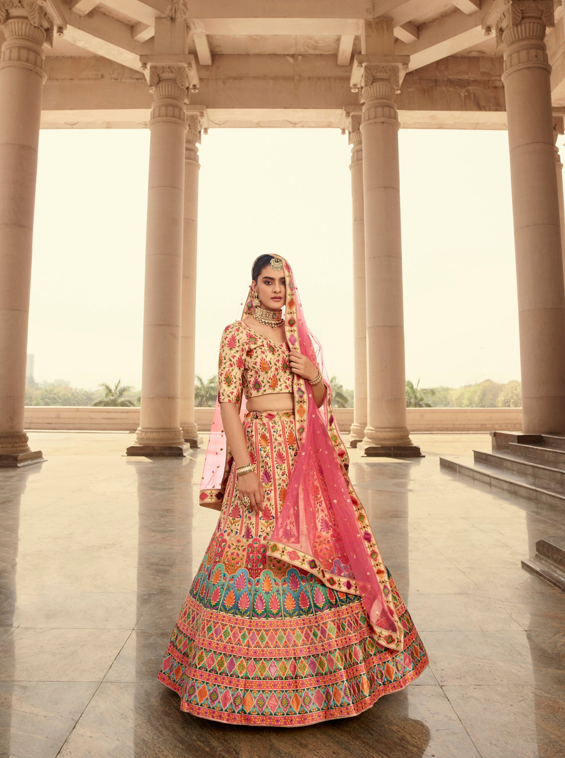 Graceful Beige Art Silk Lehenga Choli with Stunning Embroidery, Print, and Swarovski Accents