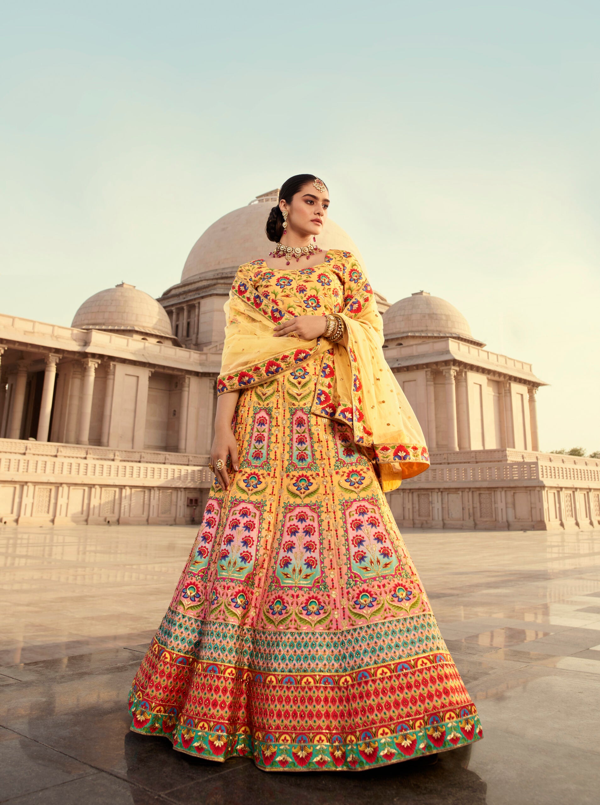 Yellow Art Silk Lehenga Choli with Intricate Embroidery, Print, and Swarovski Accents