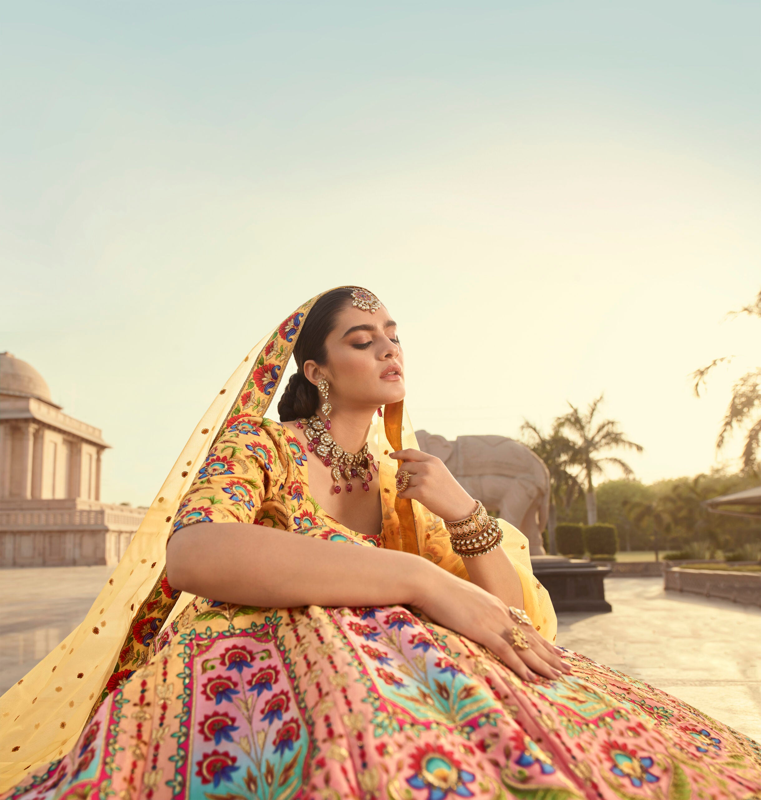 Yellow Art Silk Lehenga Choli with Intricate Embroidery, Print, and Swarovski Accents
