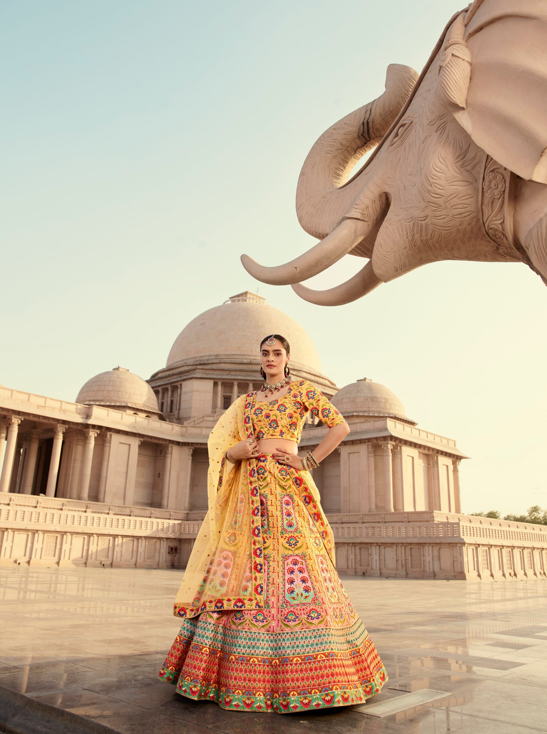Yellow Art Silk Lehenga Choli with Intricate Embroidery, Print, and Swarovski Accents
