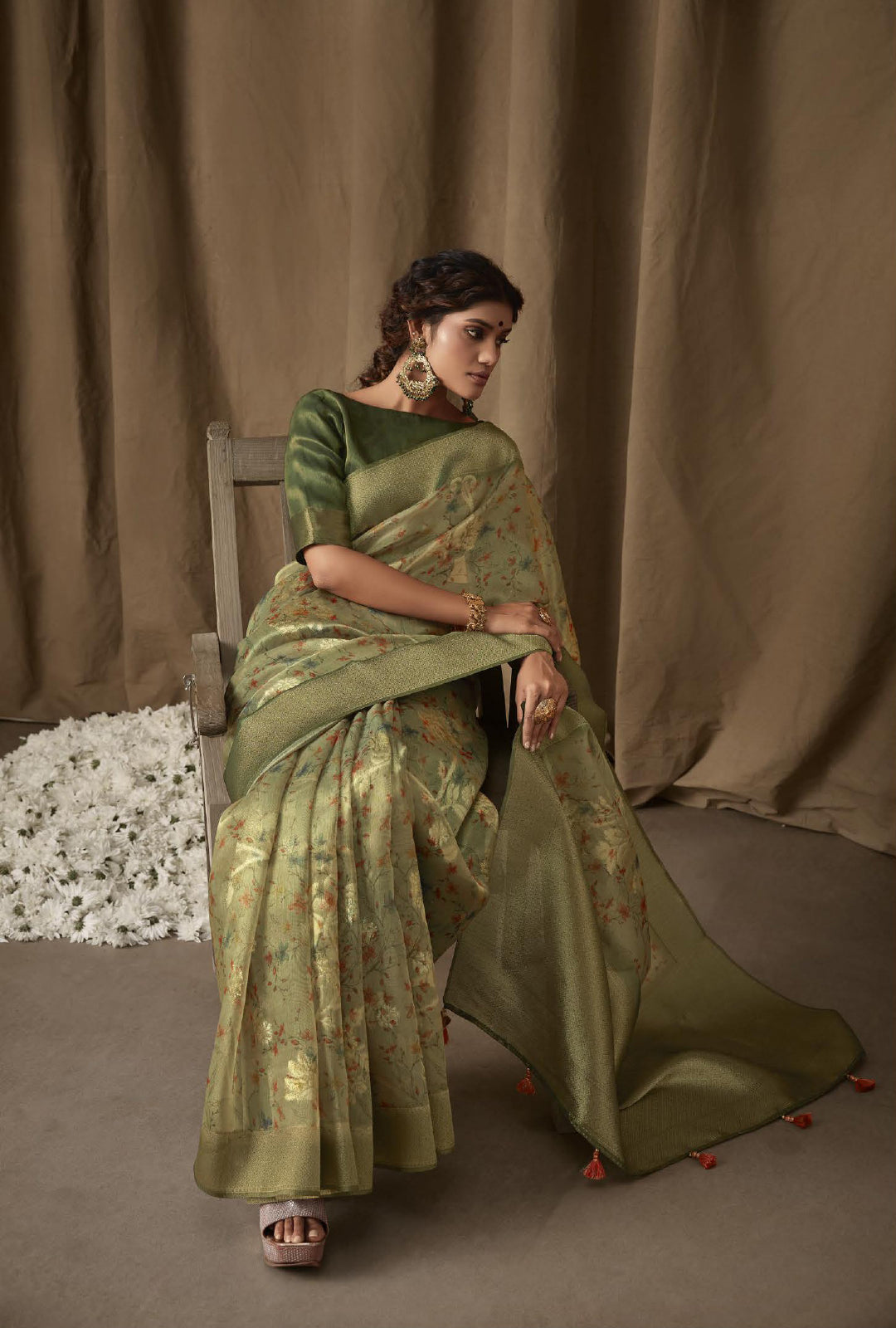 Shitolpati Digital Green Silk Saree