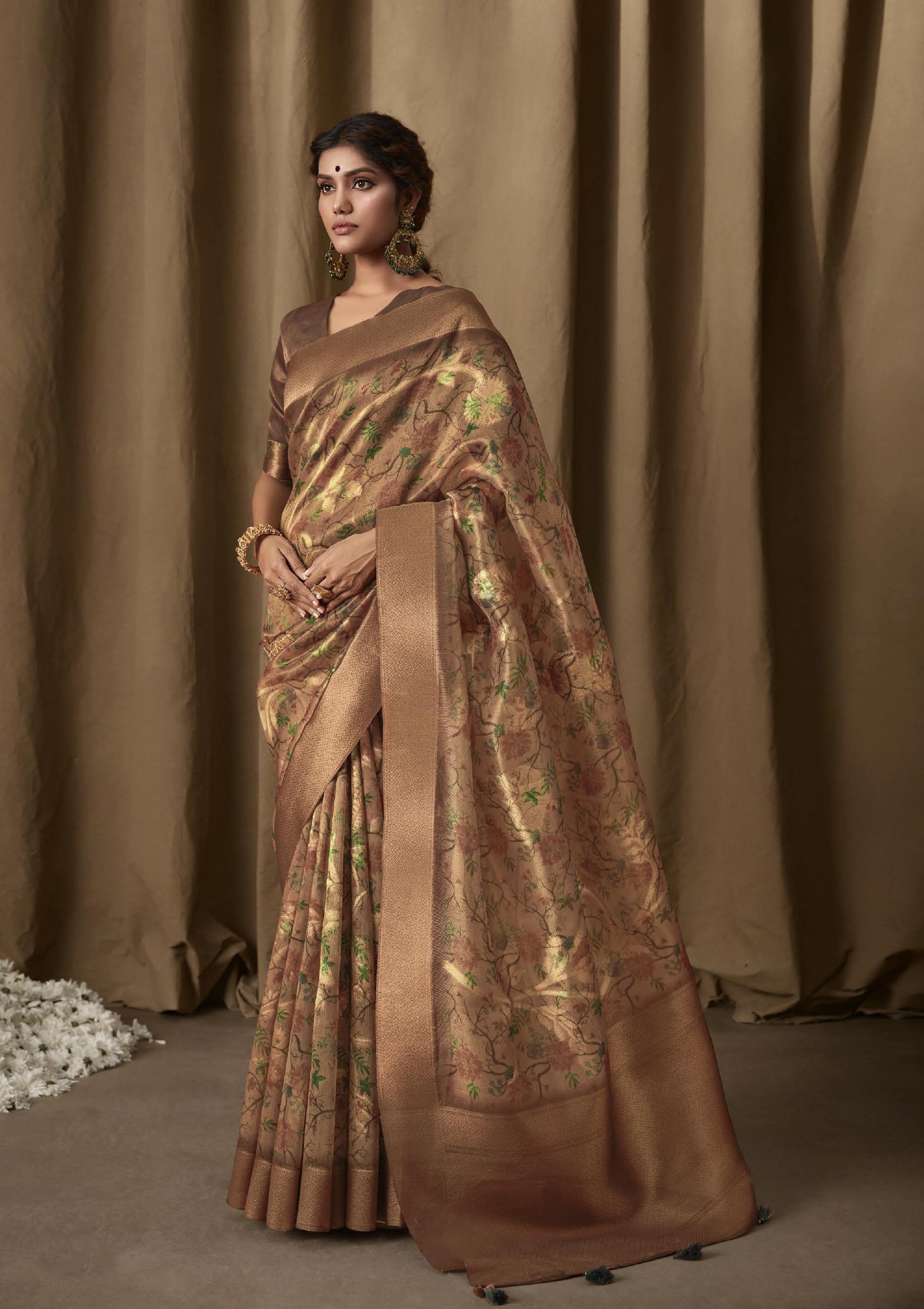 Pranika Dark Beige Jacquard Saree