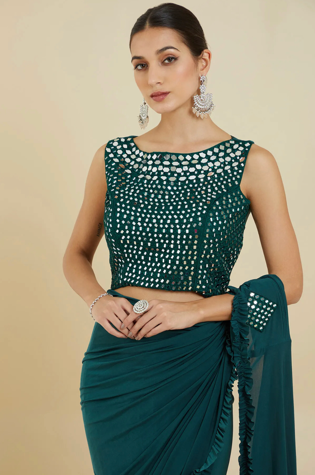 Luminous Peridot Mirror Elegance Saree