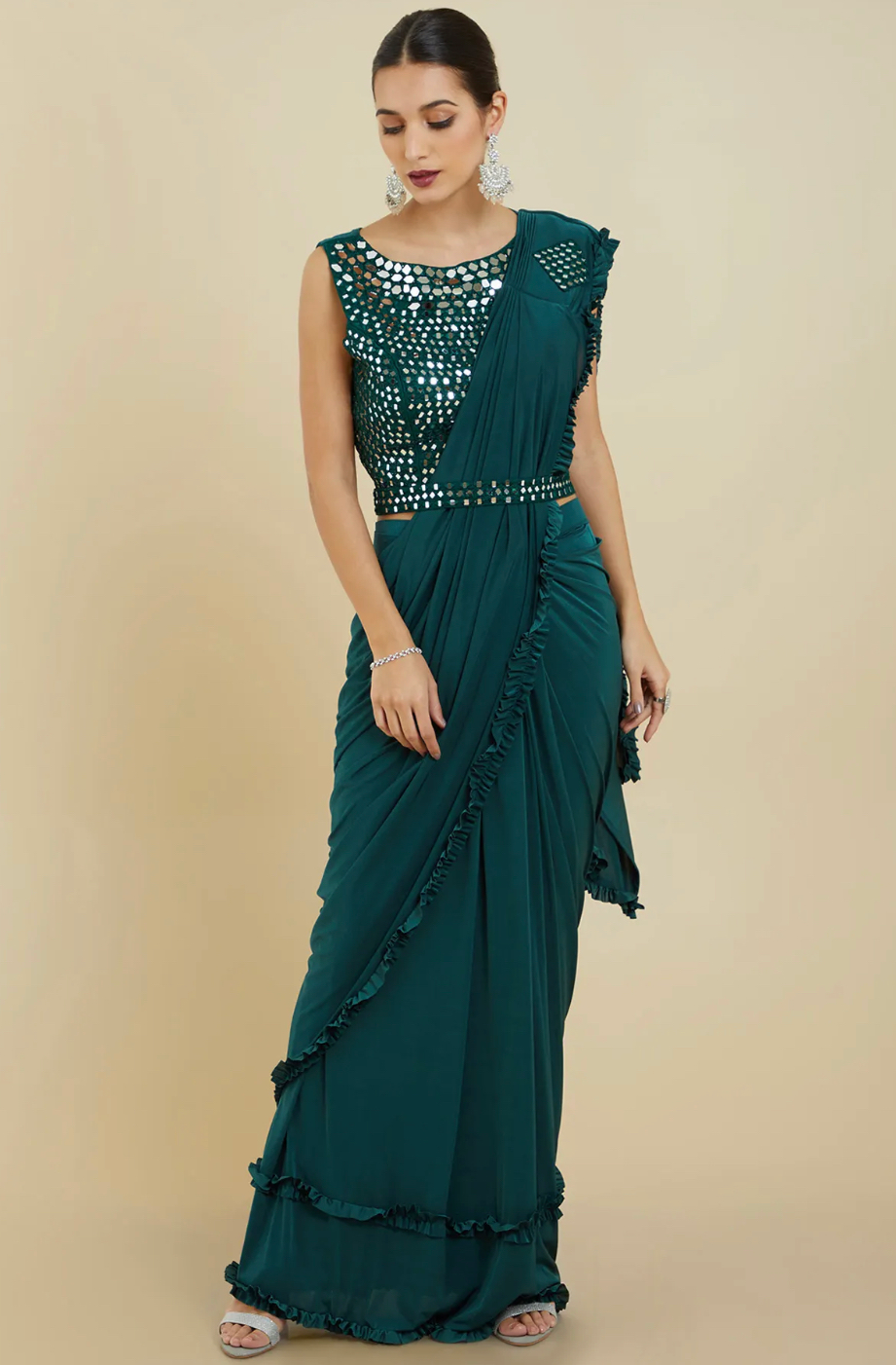 Luminous Peridot Mirror Elegance Saree