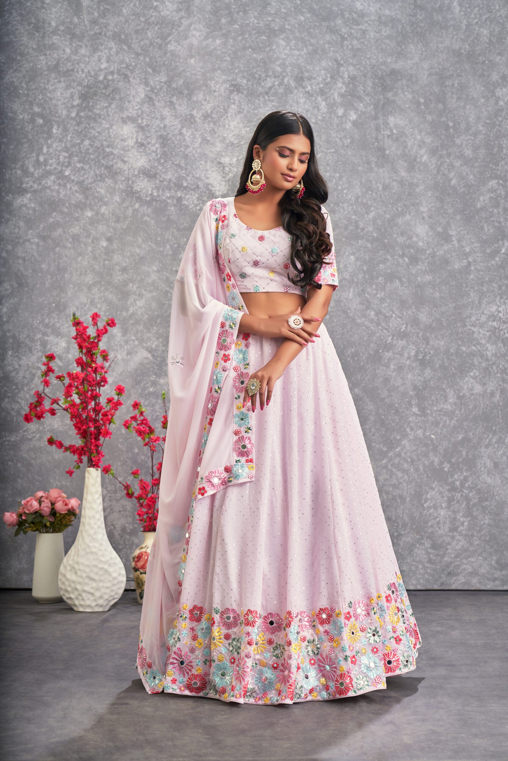 Garden Glamour Pink Floral Georgette Lehenga Choli with Alluring Sequin Embroidery and Real Mirror Detailing