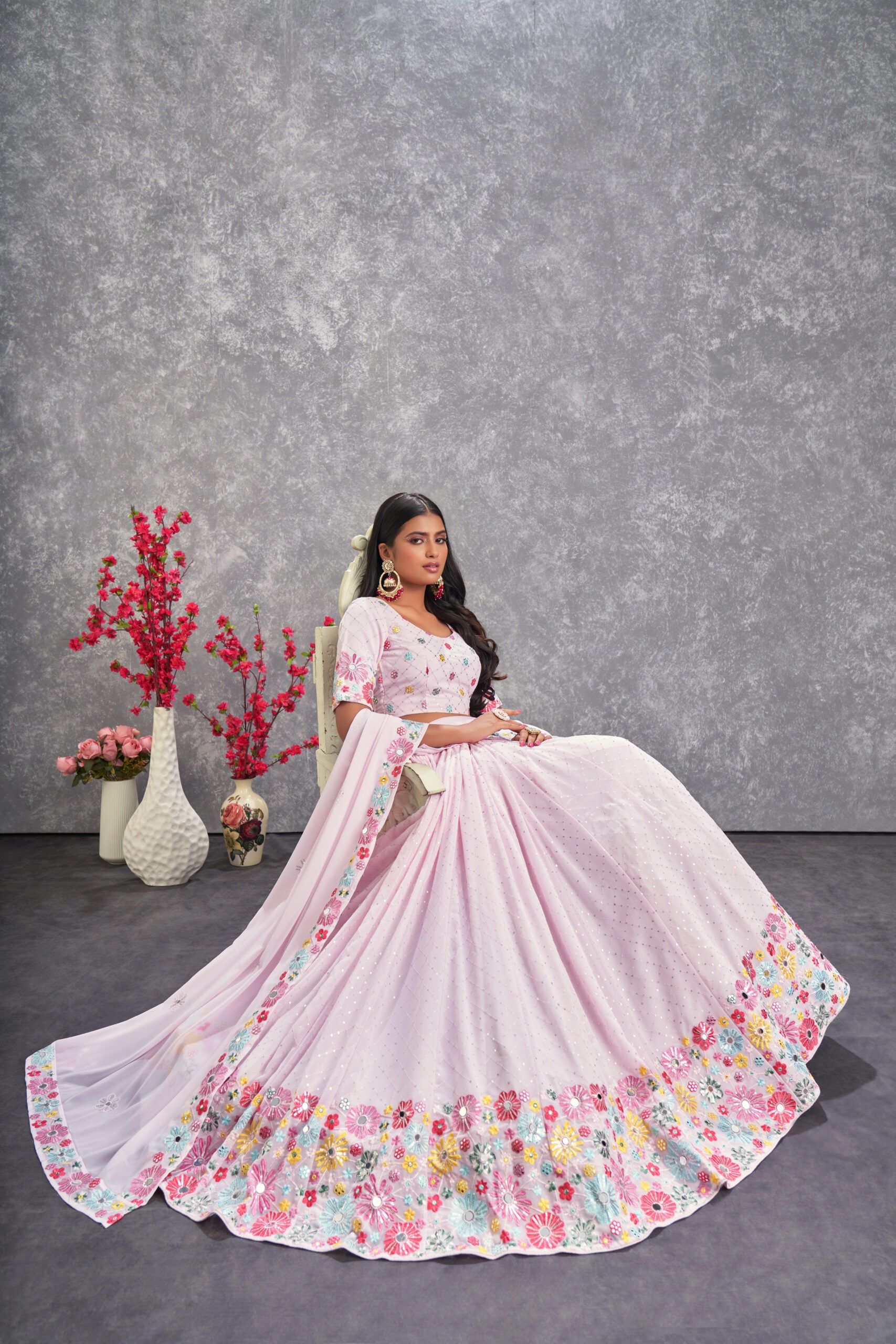 Garden Glamour Pink Floral Georgette Lehenga Choli with Alluring Sequin Embroidery and Real Mirror Detailing