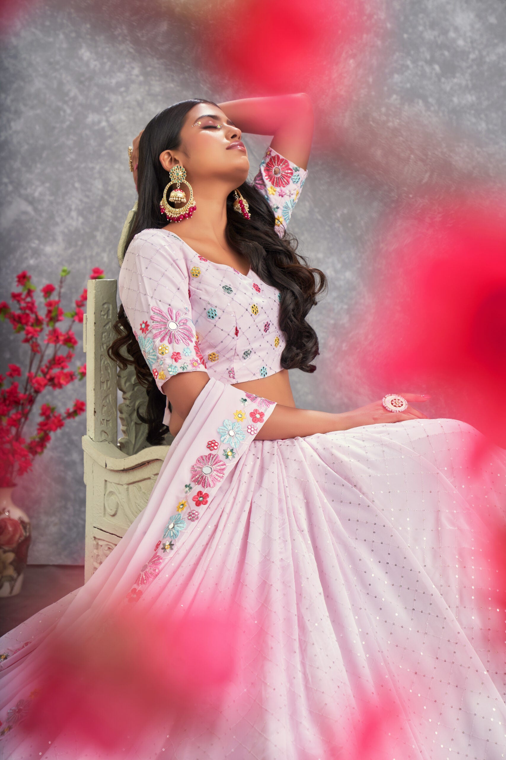 Garden Glamour Pink Floral Georgette Lehenga Choli with Alluring Sequin Embroidery and Real Mirror Detailing