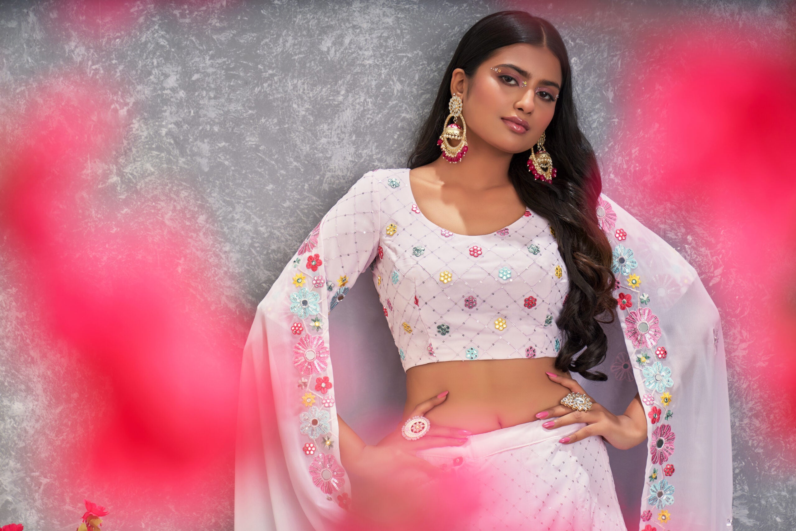 Garden Glamour Pink Floral Georgette Lehenga Choli with Alluring Sequin Embroidery and Real Mirror Detailing