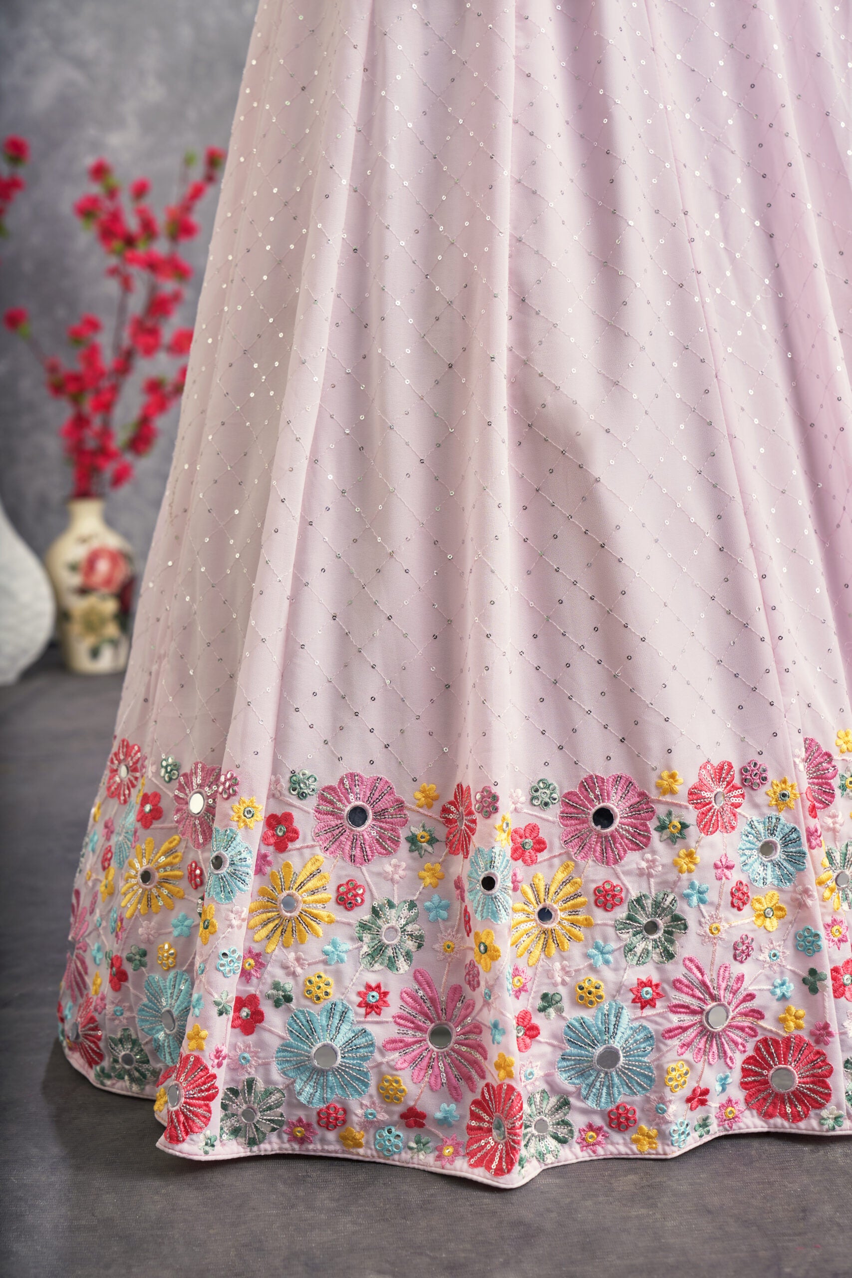 Garden Glamour Pink Floral Georgette Lehenga Choli with Alluring Sequin Embroidery and Real Mirror Detailing