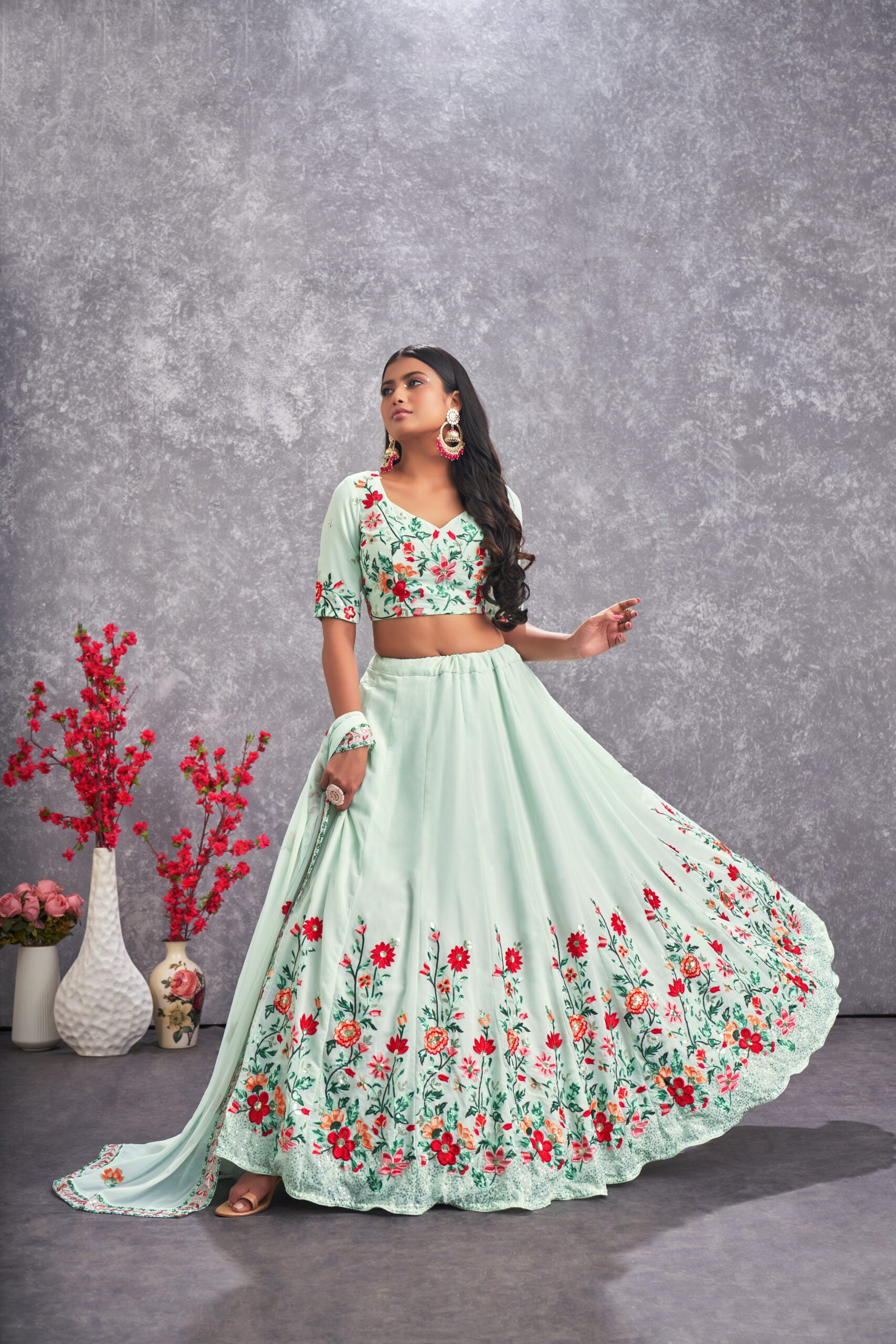 Aqua Delight Floral Sea Green Georgette Lehenga Choli with Intricate Sequin Embroidery