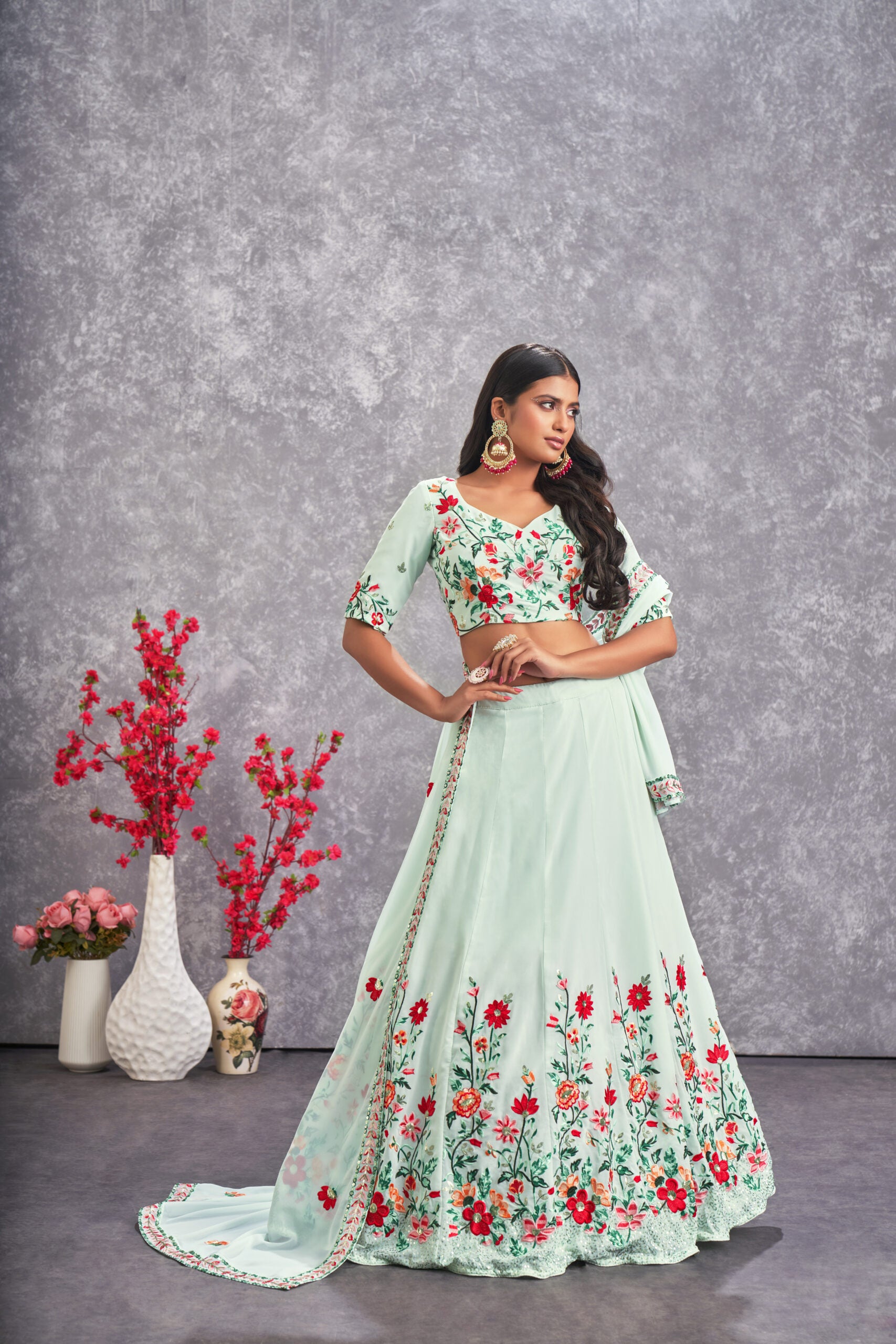 Aqua Delight Floral Sea Green Georgette Lehenga Choli with Intricate Sequin Embroidery