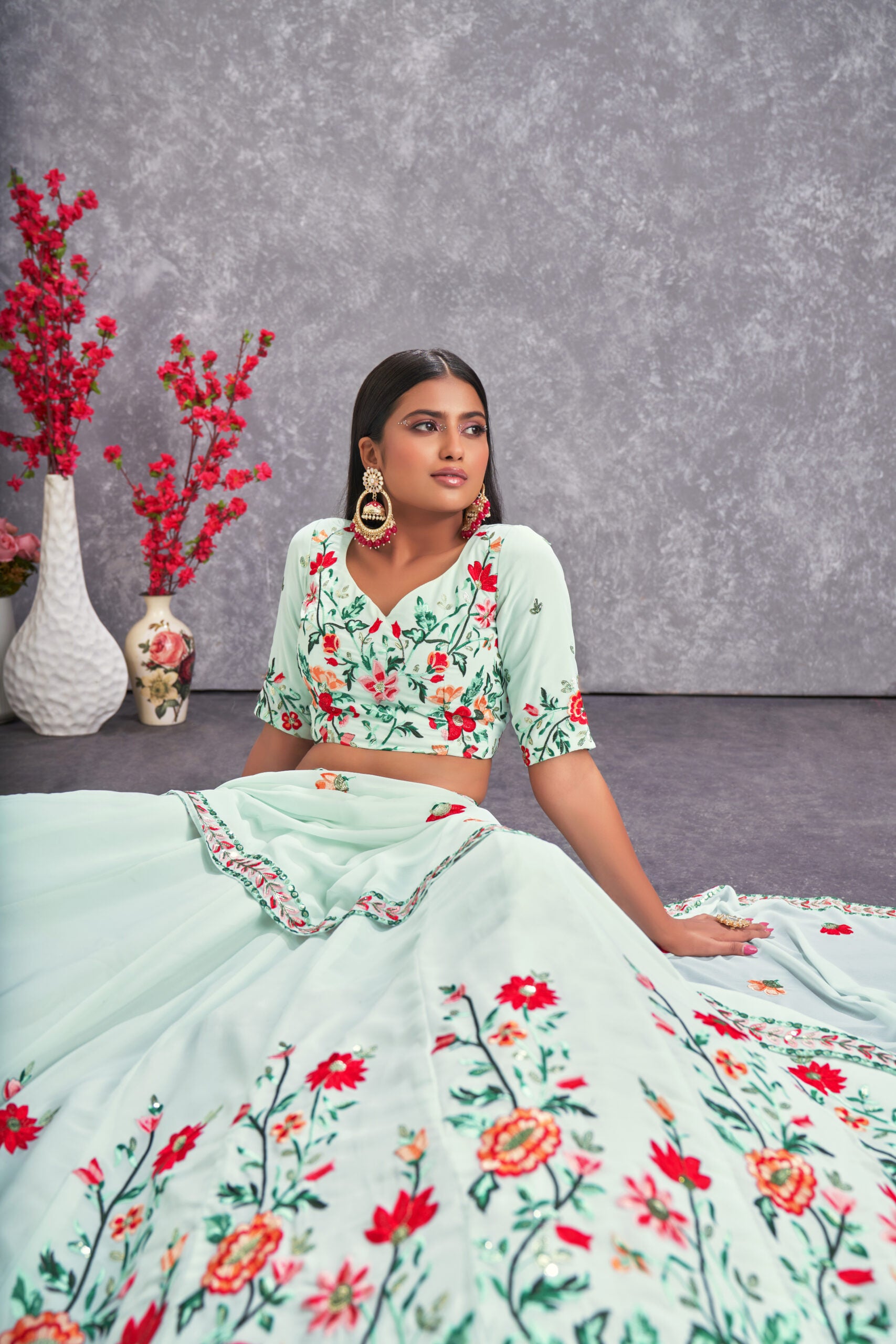 Aqua Delight Floral Sea Green Georgette Lehenga Choli with Intricate Sequin Embroidery
