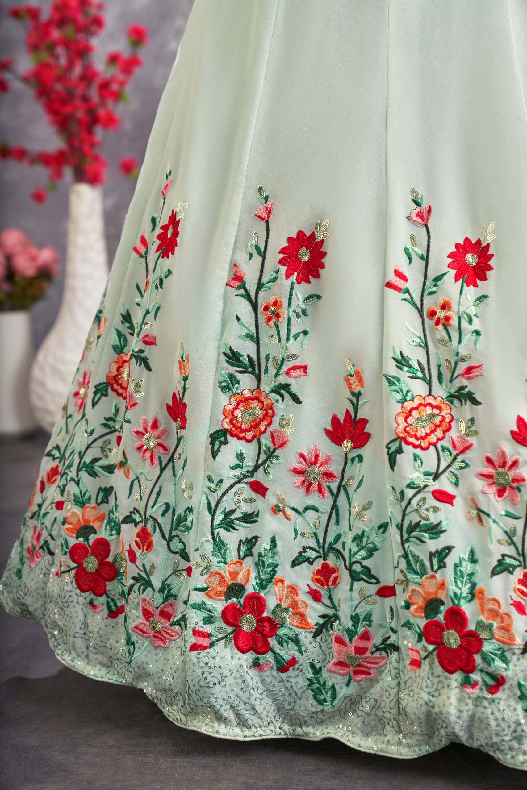 Aqua Delight Floral Sea Green Georgette Lehenga Choli with Intricate Sequin Embroidery