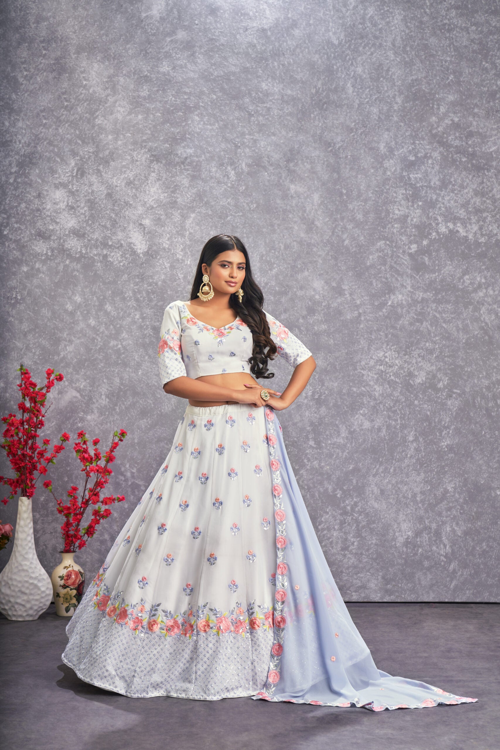 White Orchid Stunning Floral Pearl White Georgette Lehenga Choli with Sequin Embroidery