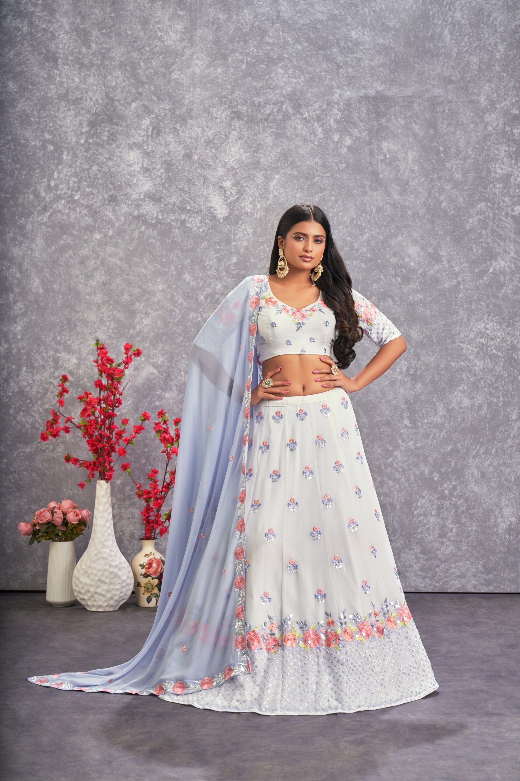 White Orchid Stunning Floral Pearl White Georgette Lehenga Choli with Sequin Embroidery
