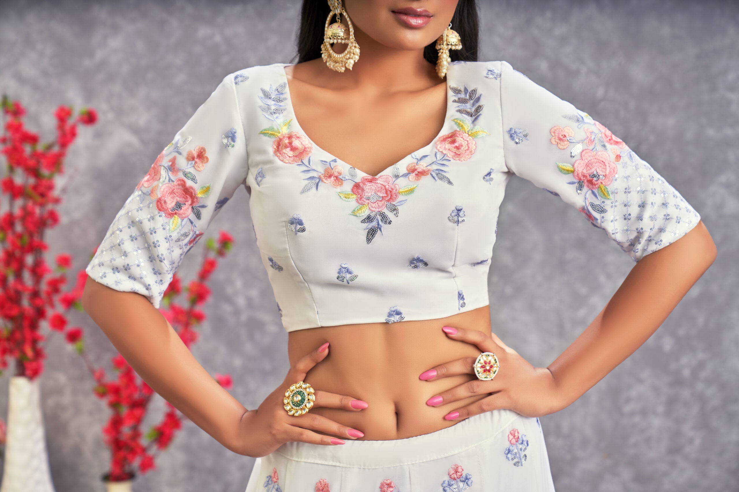 White Orchid Stunning Floral Pearl White Georgette Lehenga Choli with Sequin Embroidery