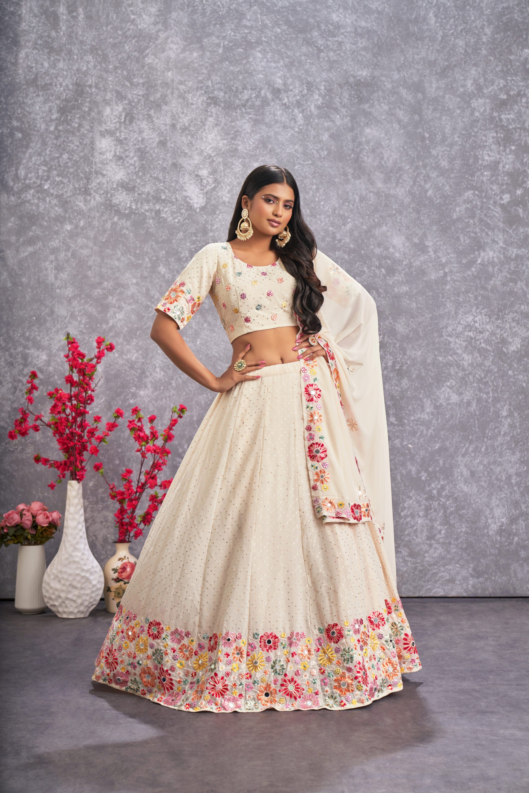 Royal Gardenia Floral Beige Georgette Lehenga Choli with Sequin Embroidery and Handcrafted Mirror Work