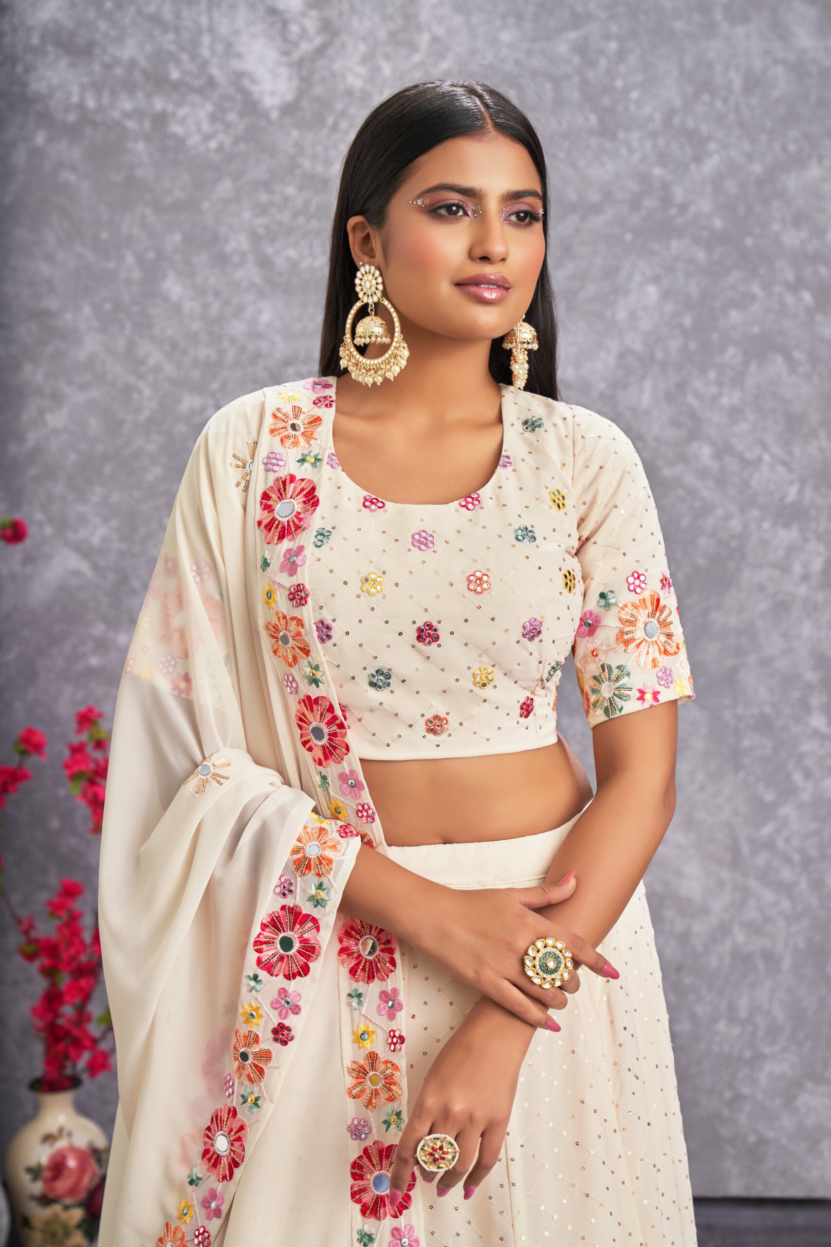 Royal Gardenia Floral Beige Georgette Lehenga Choli with Sequin Embroidery and Handcrafted Mirror Work