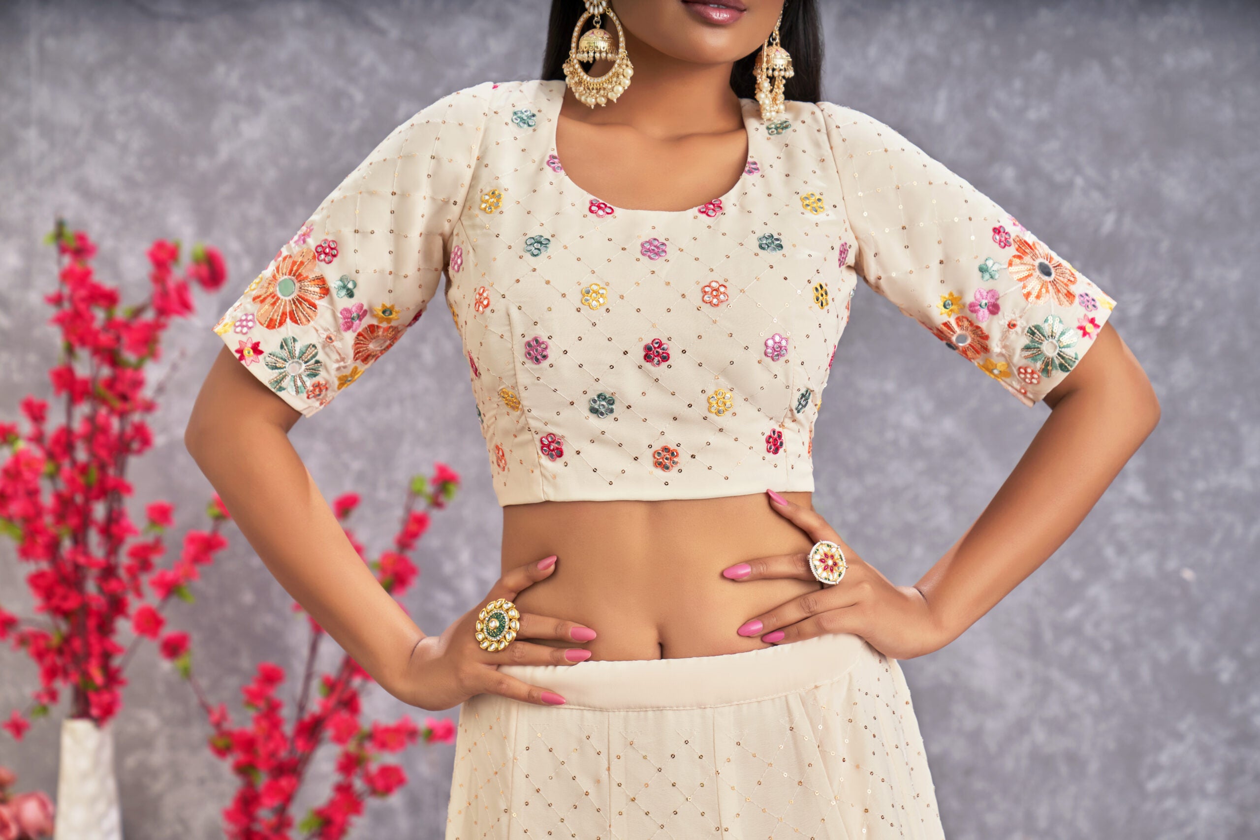 Royal Gardenia Floral Beige Georgette Lehenga Choli with Sequin Embroidery and Handcrafted Mirror Work