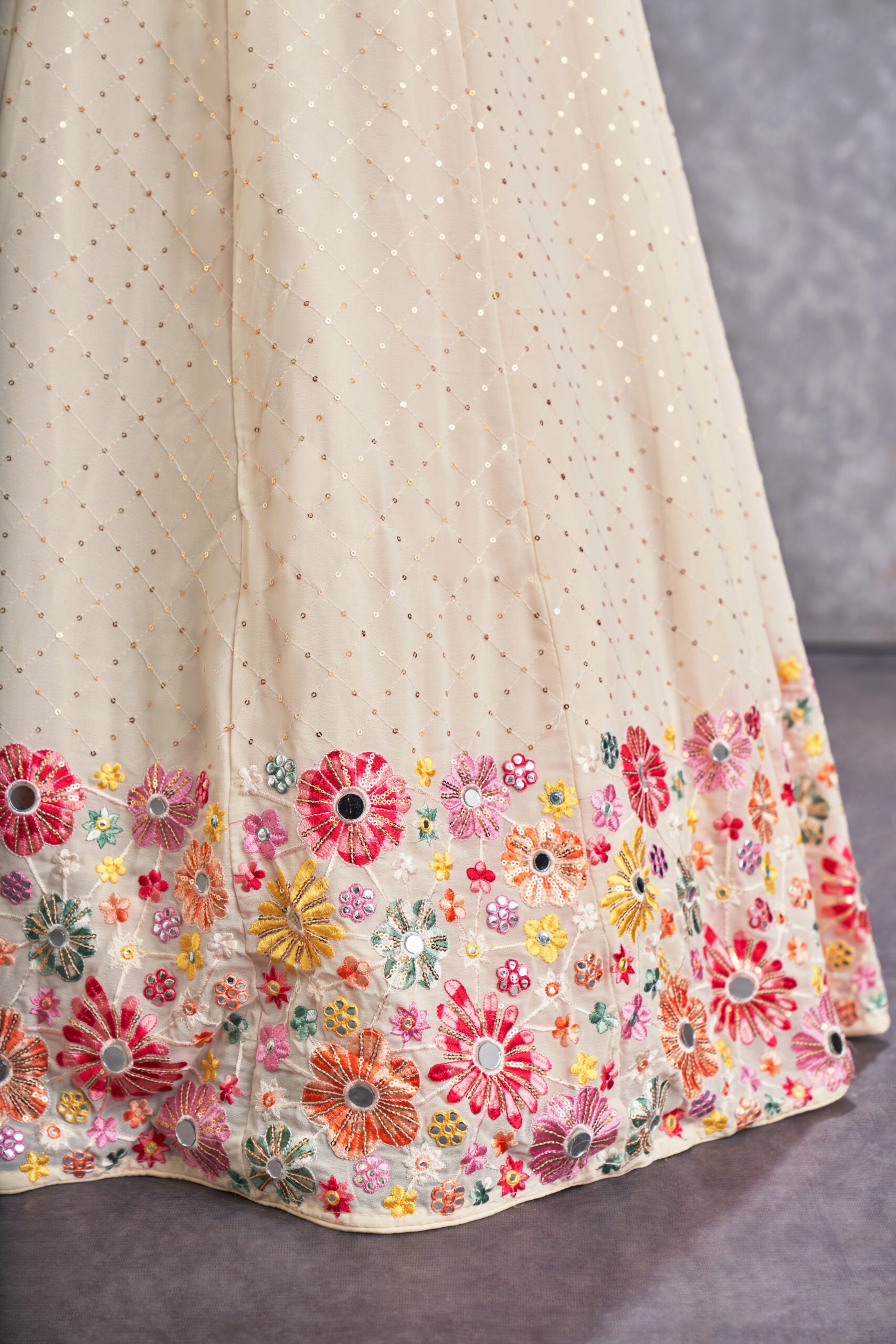 Royal Gardenia Floral Beige Georgette Lehenga Choli with Sequin Embroidery and Handcrafted Mirror Work